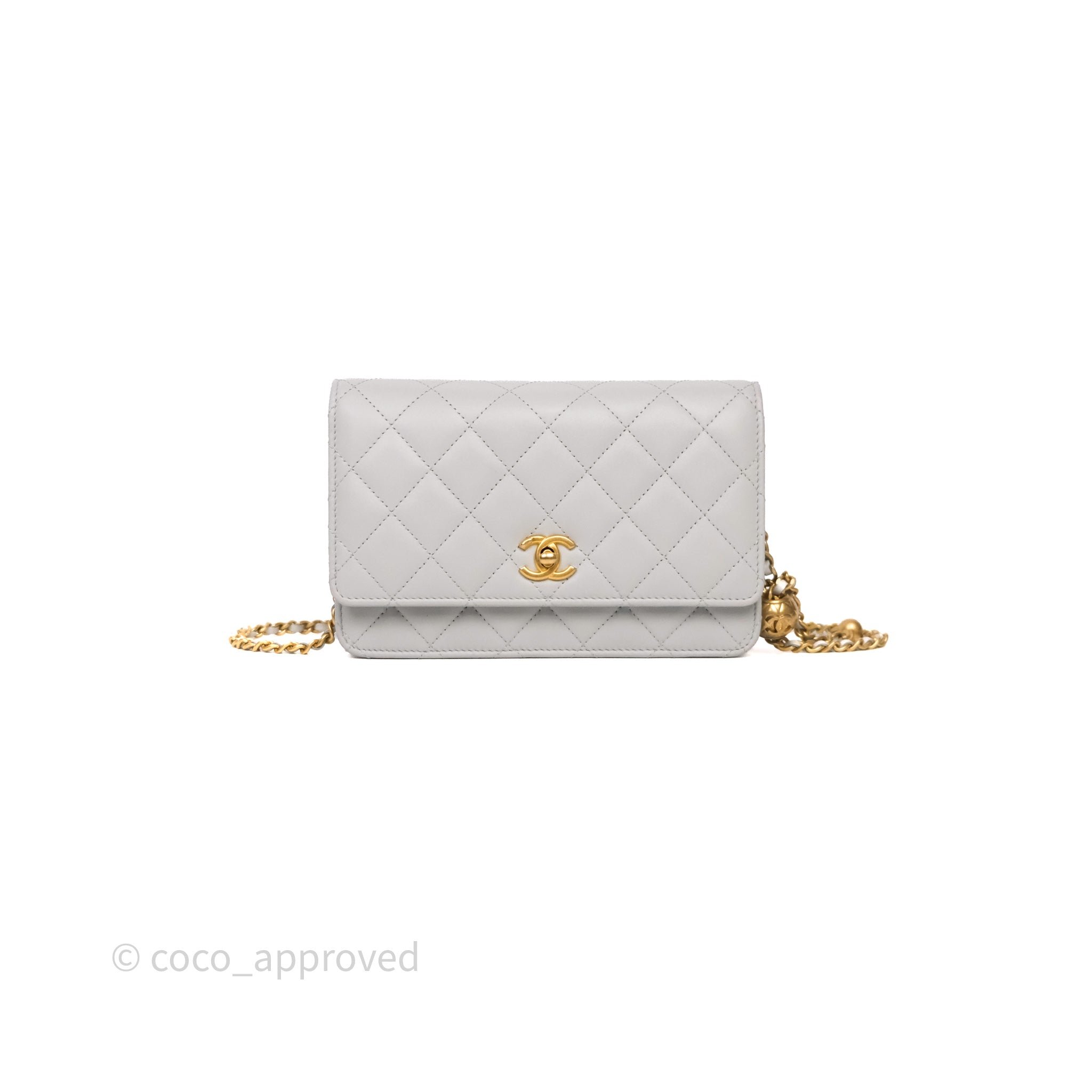 Chanel Quilted Pearl Crush Wallet on Chain WOC Light Blue Grey Lambskin Aged Gold Hardware