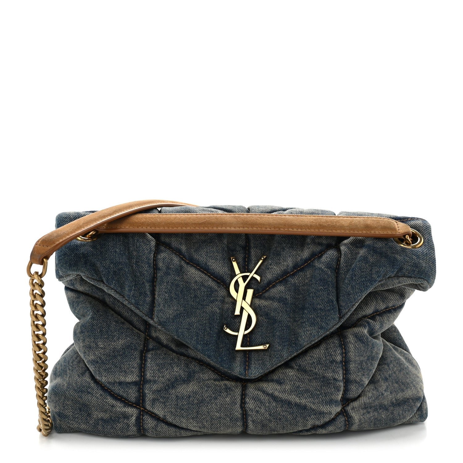 Saint Laurent Denim Quilted Small Loulou Puffer Monogram Chain Satchel Blue Cinnamon