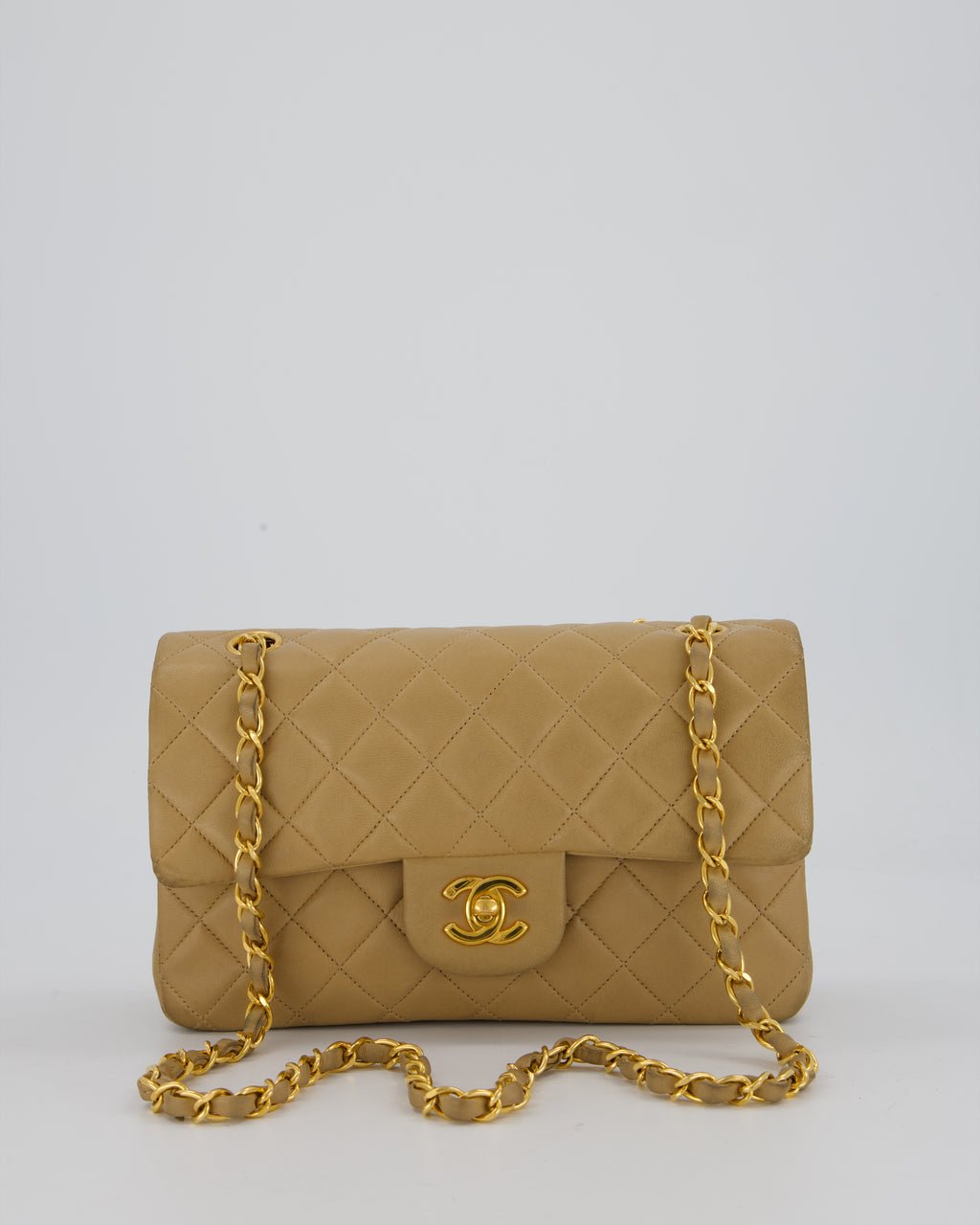 Chanel Vintage Beige Small Classic Double Flap Bag in Lambskin Leather with 24K Gold Hardware
