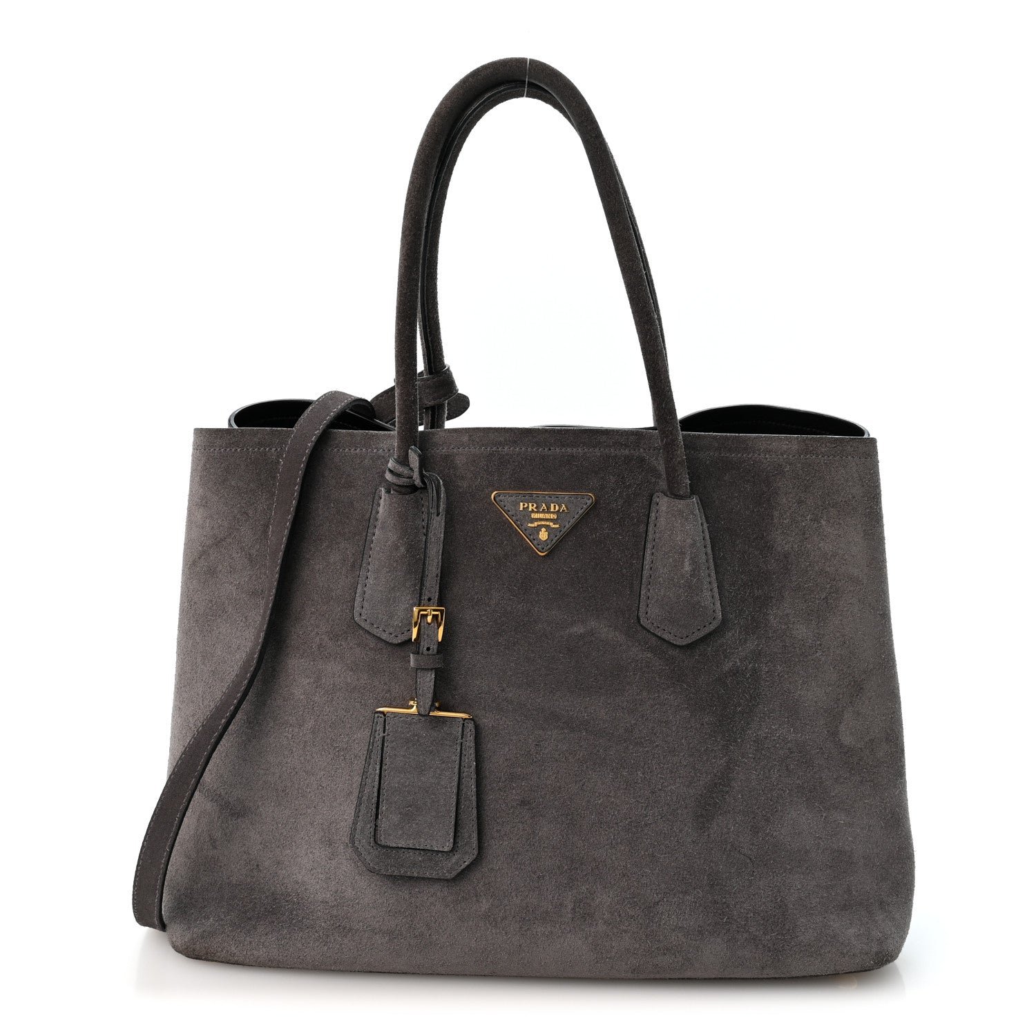 Prada Scamosciato Suede Medium Double Bag Tote Grigio