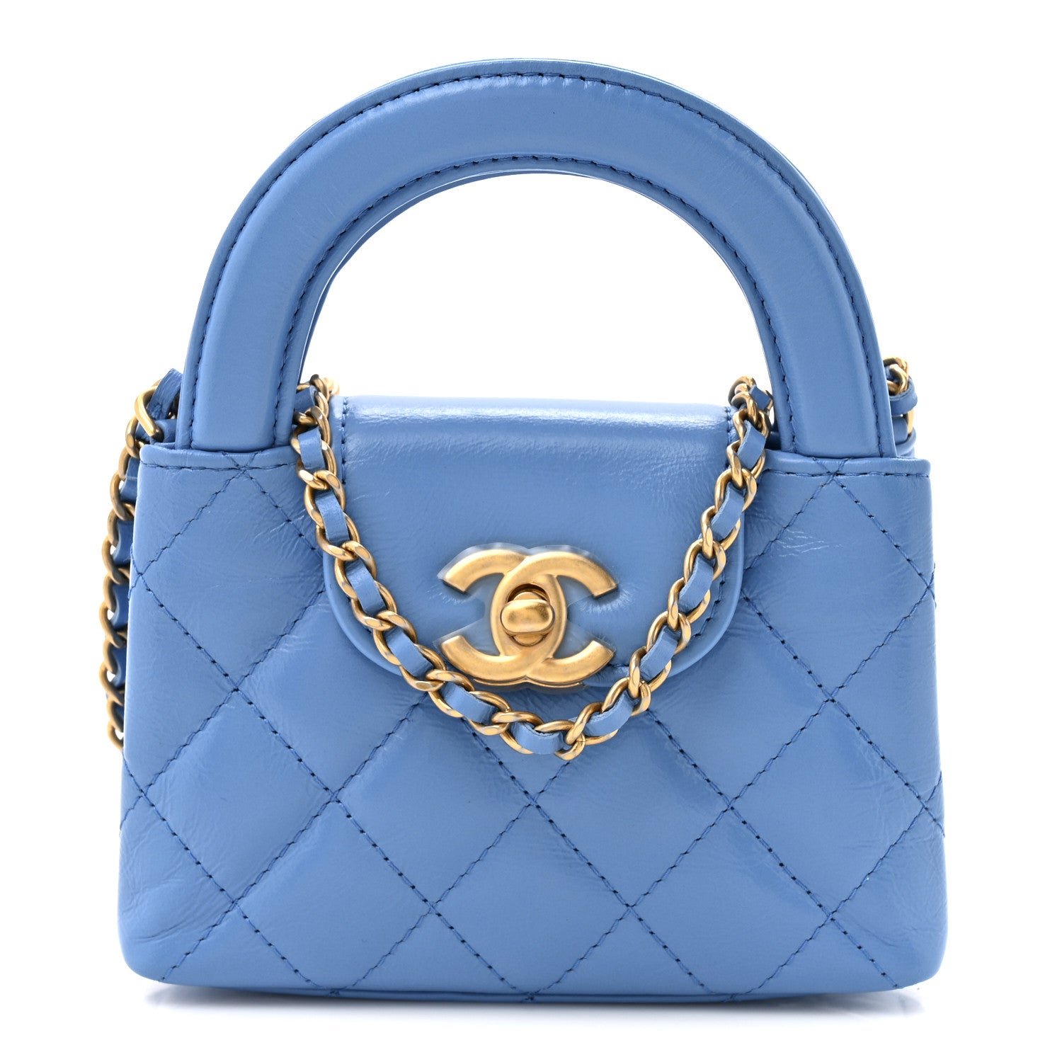 Chanel Shiny Aged Calfskin Quilted Mini Nano Kelly Shopper Blue