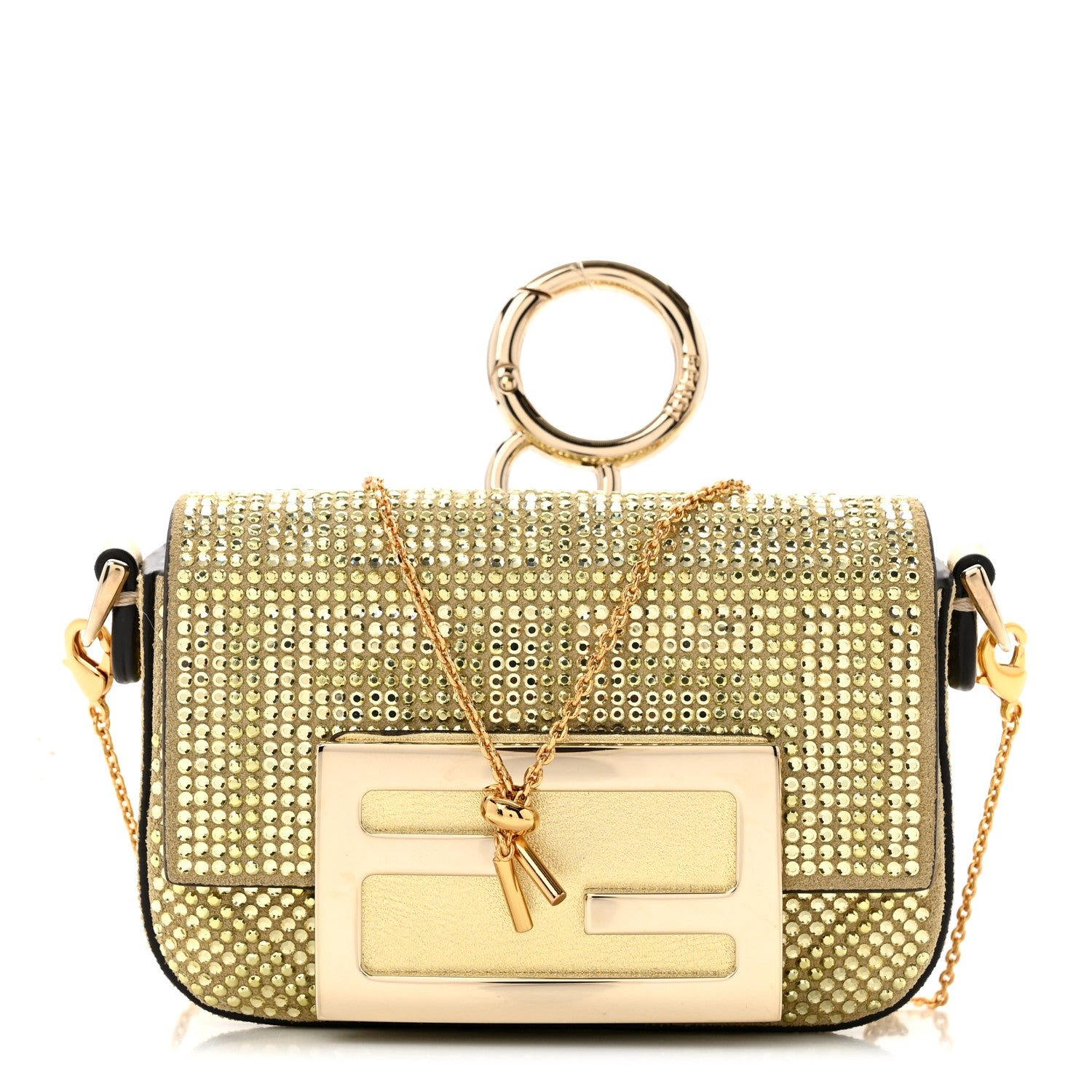 Fendi Crystal Vitello Laminato FF Nano Maxi Buckle Baguette Charm Light Gold