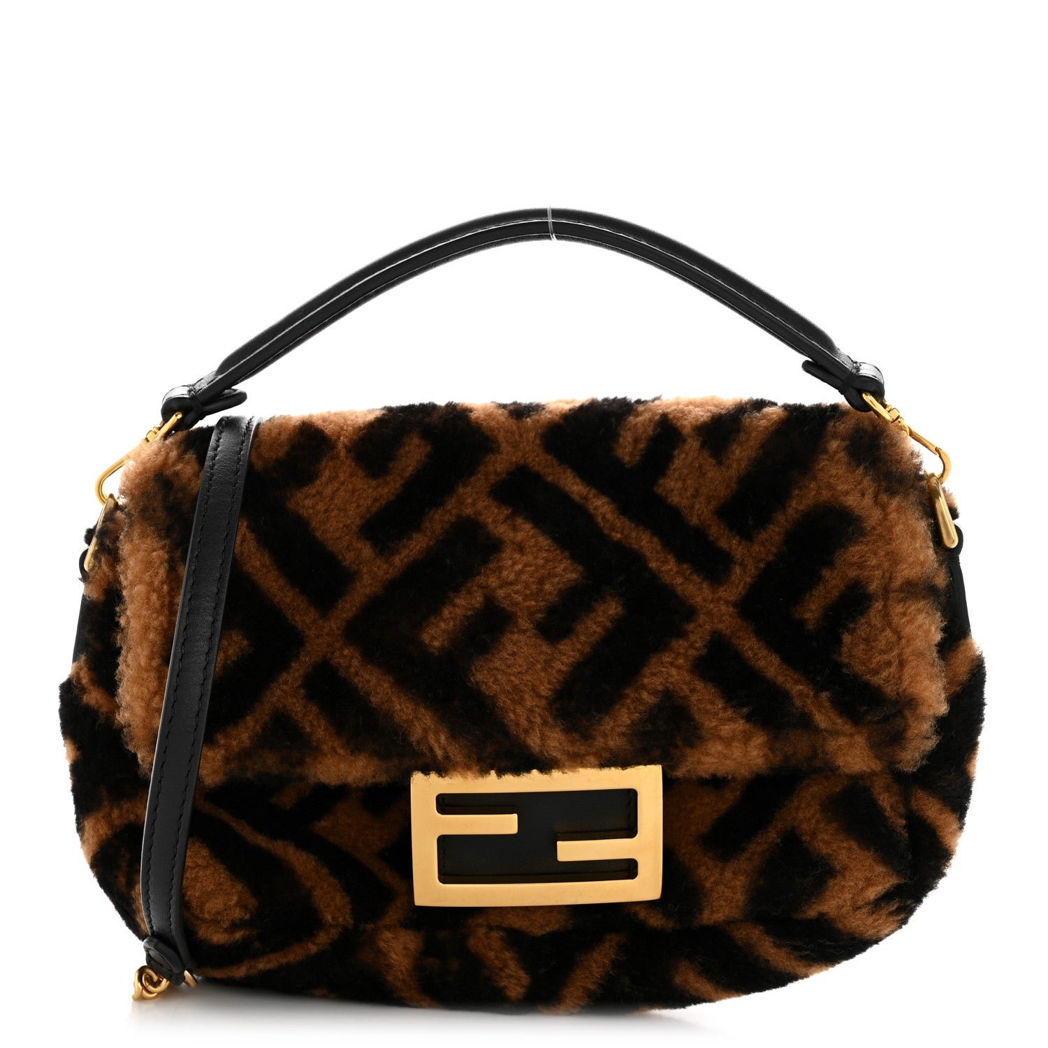 Fendi Fendi Shearling Vitello Dolce Macro FF 1974 Mini Baguette Tobacco Black