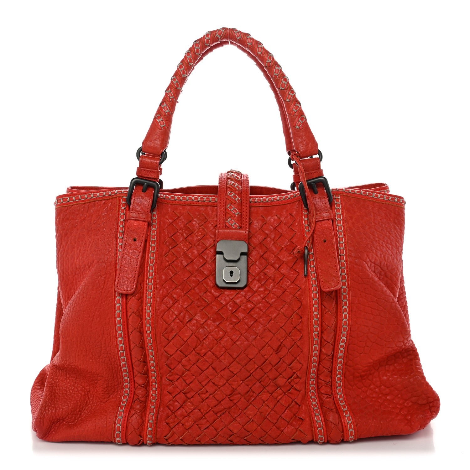 Bottega Veneta Pebbled Lambskin Intrecciato Stitched Medium Roma Tote Vesuvio