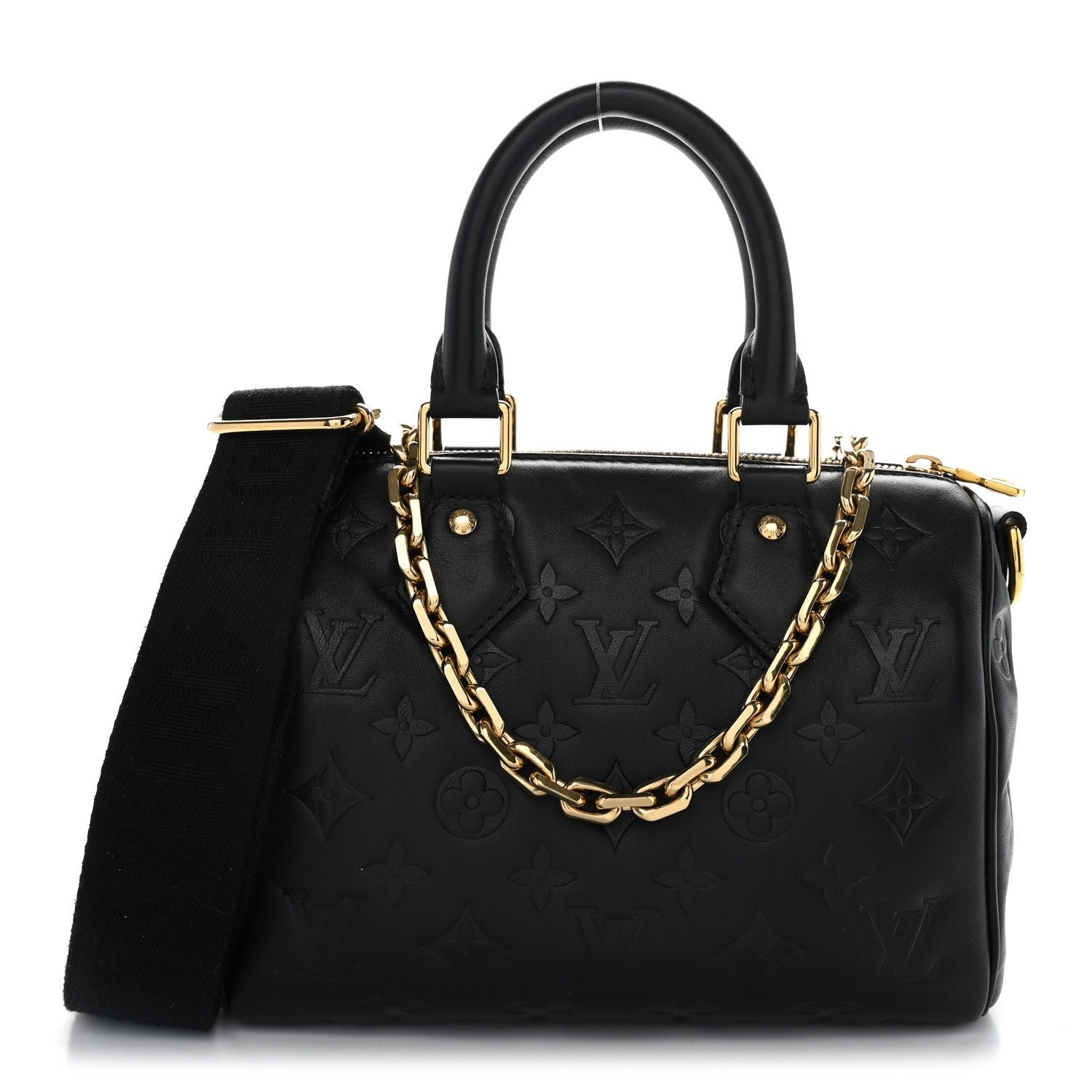 Louis Vuitton Lambskin Embossed Monogram Speedy 22 Bandouliere Black