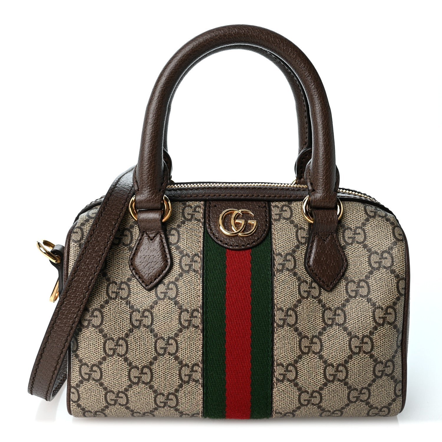 Gucci GG Supreme Monogram Textured Dollar Calfskin Web Mini Ophidia Top Handle Bag Beige Ebony New Acero