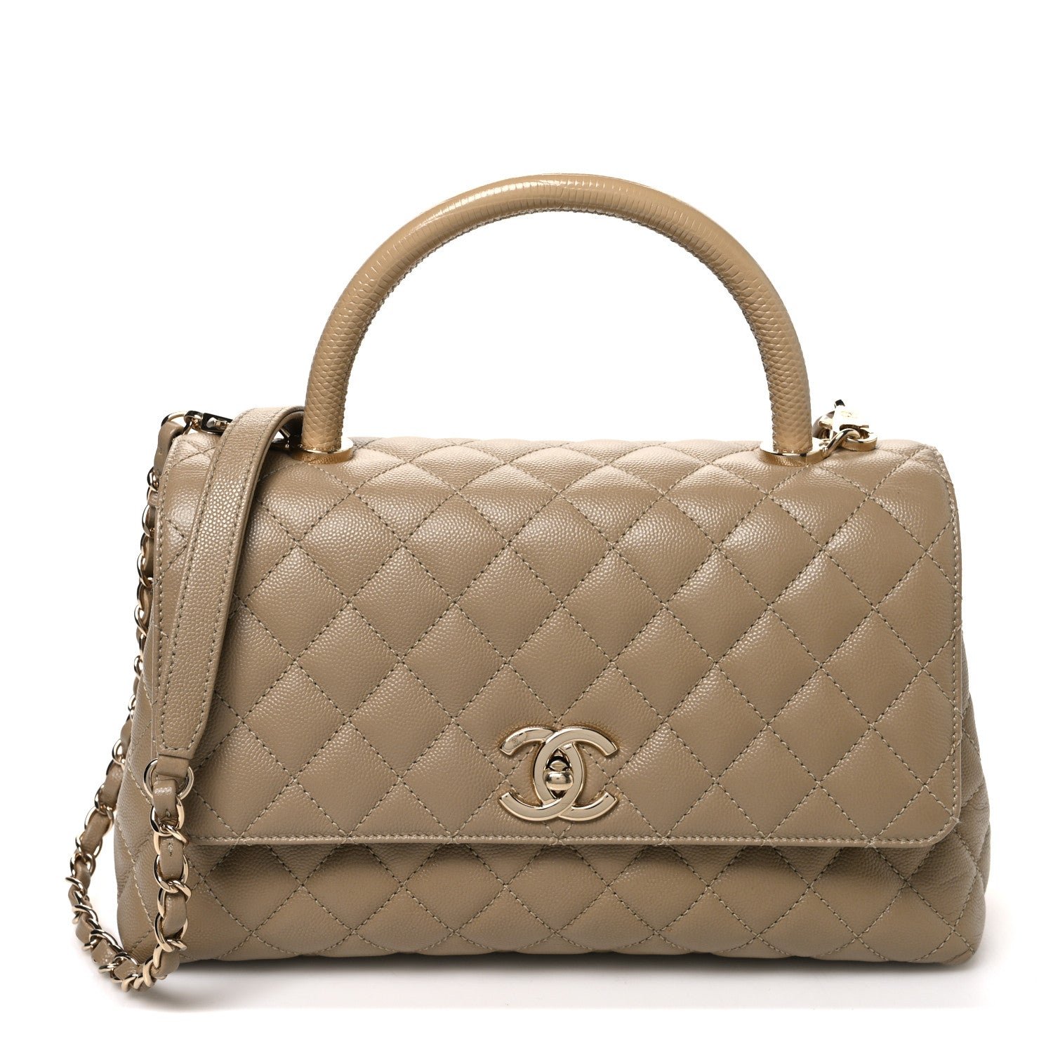 Chanel Caviar Lizard Embossed Quilted Small Coco Handle Flap Dark Beige