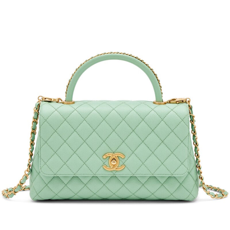 Light Green Quilted Caviar Medium Coco Top Handle Gold Hardware, 2020s
