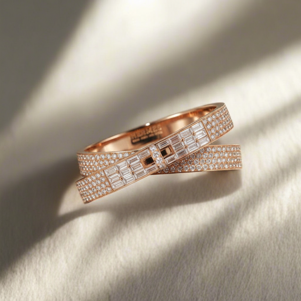 Hermes Hermès Kelly Gavroche Double Ring 18K Rose Gold Diamond Baguette & Pavé FR 52