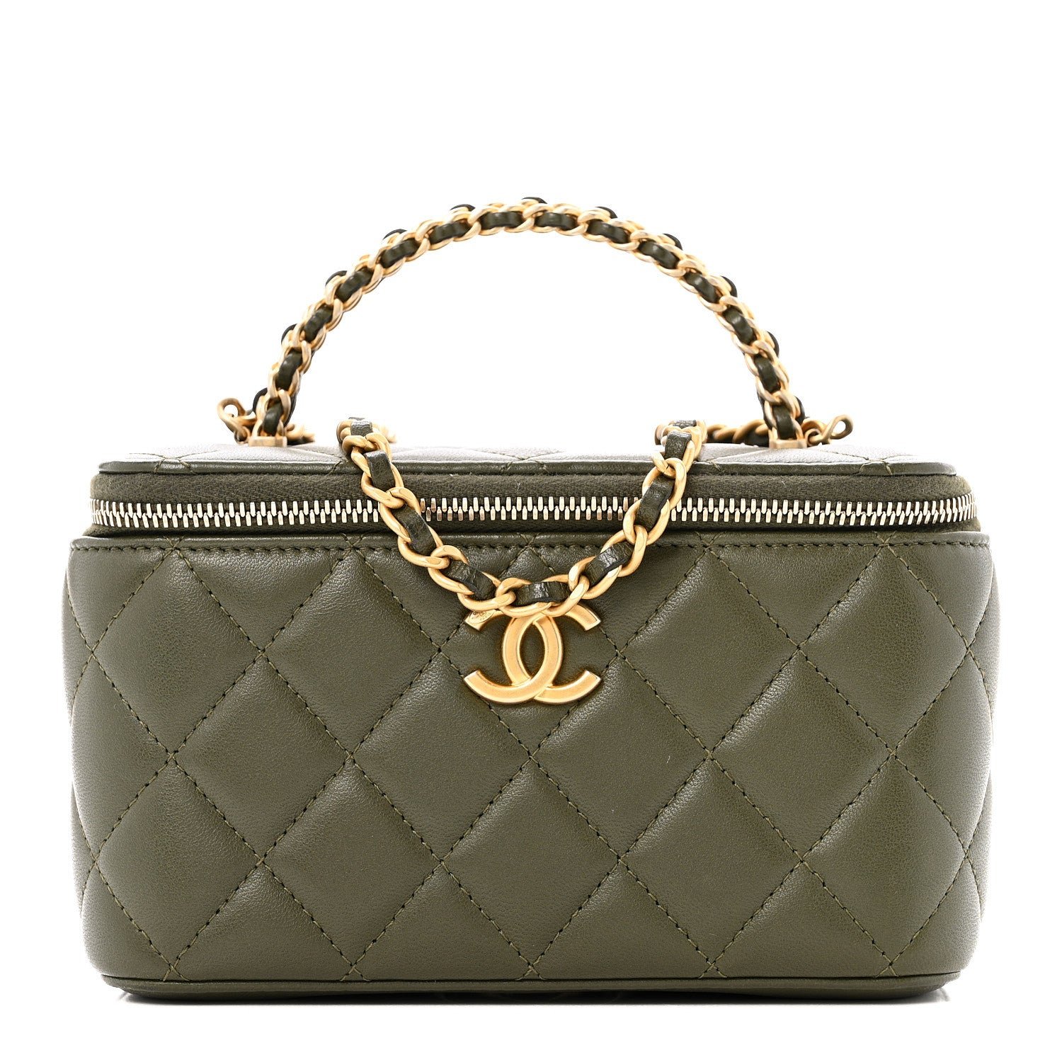 Chanel Lambskin Quilted Pick Me Up Vanity Case Khaki