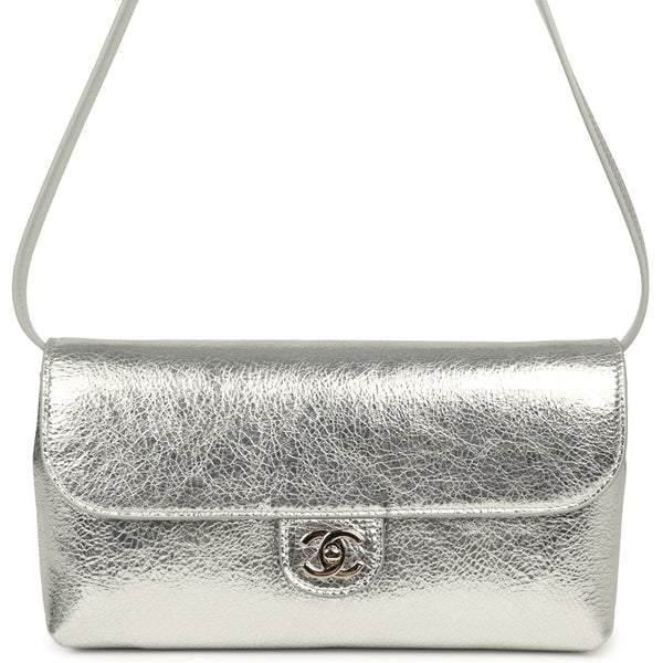 Chanel Clutch Bag with Leather Strap Silver Metallic Calfskin Gold Hardware