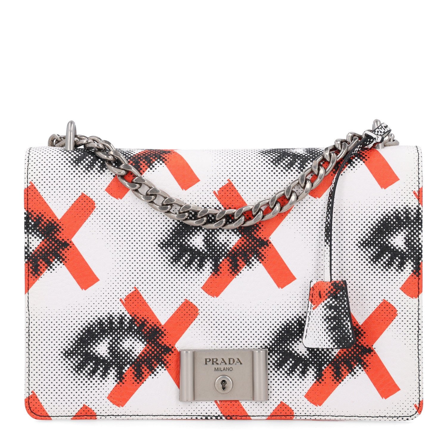 Prada Vitello Daino Eye Inside Lock Flap Chain Shoulder Bag Bianco Arancio