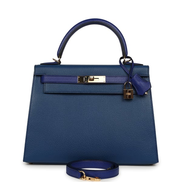 Pre-owned Hermes Special Order (HSS) Kelly Sellier 28 Bleu Electric and Bleu Saphir Chevre Mysore Permabrass Hardware