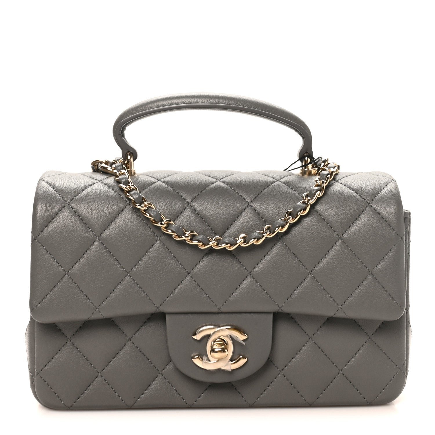 Chanel Lambskin Quilted Mini Top Handle Rectangular Flap Dark Grey