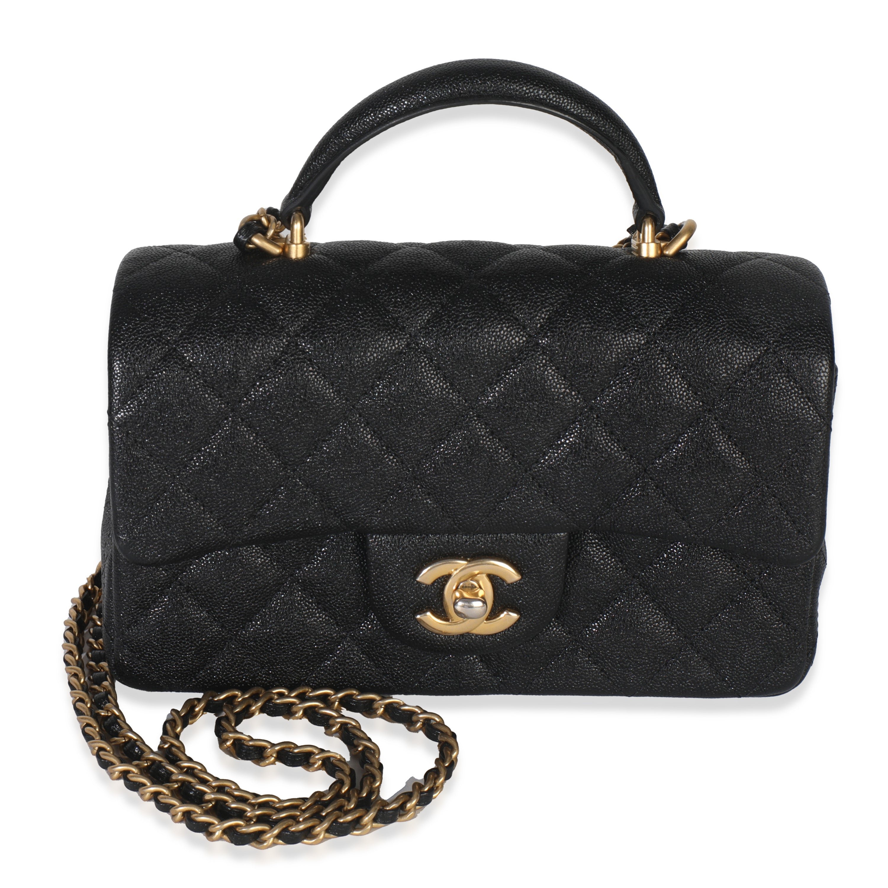 Chanel Black Quilted Caviar Mini Top Handle Rectangular Flap Bag