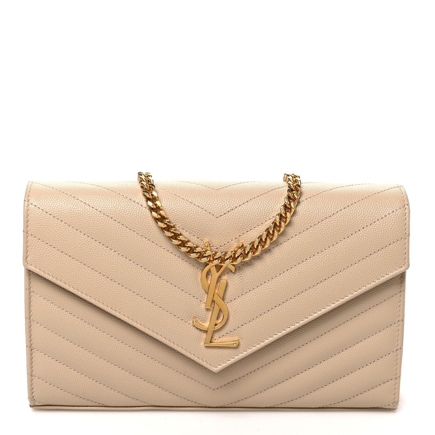 Saint Laurent Grain De Poudre Matelasse Chevron Monogram Chain Wallet Nude Powder