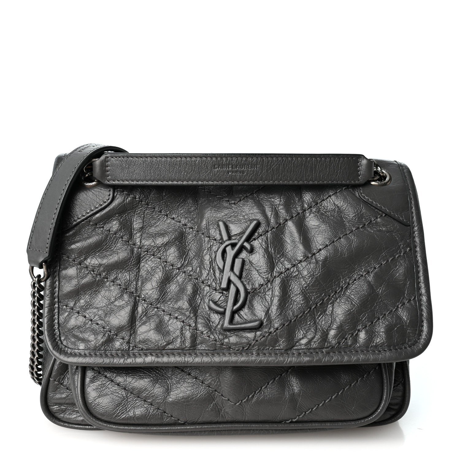 Saint Laurent Crinkled Calfskin Matelasse Monogram Baby Niki Chain Satchel Storm