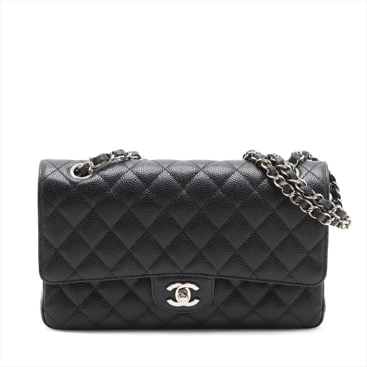 Chanel Matelasse 25 Caviar Skin Double Flap Double Chain Bag Black Silver Metal