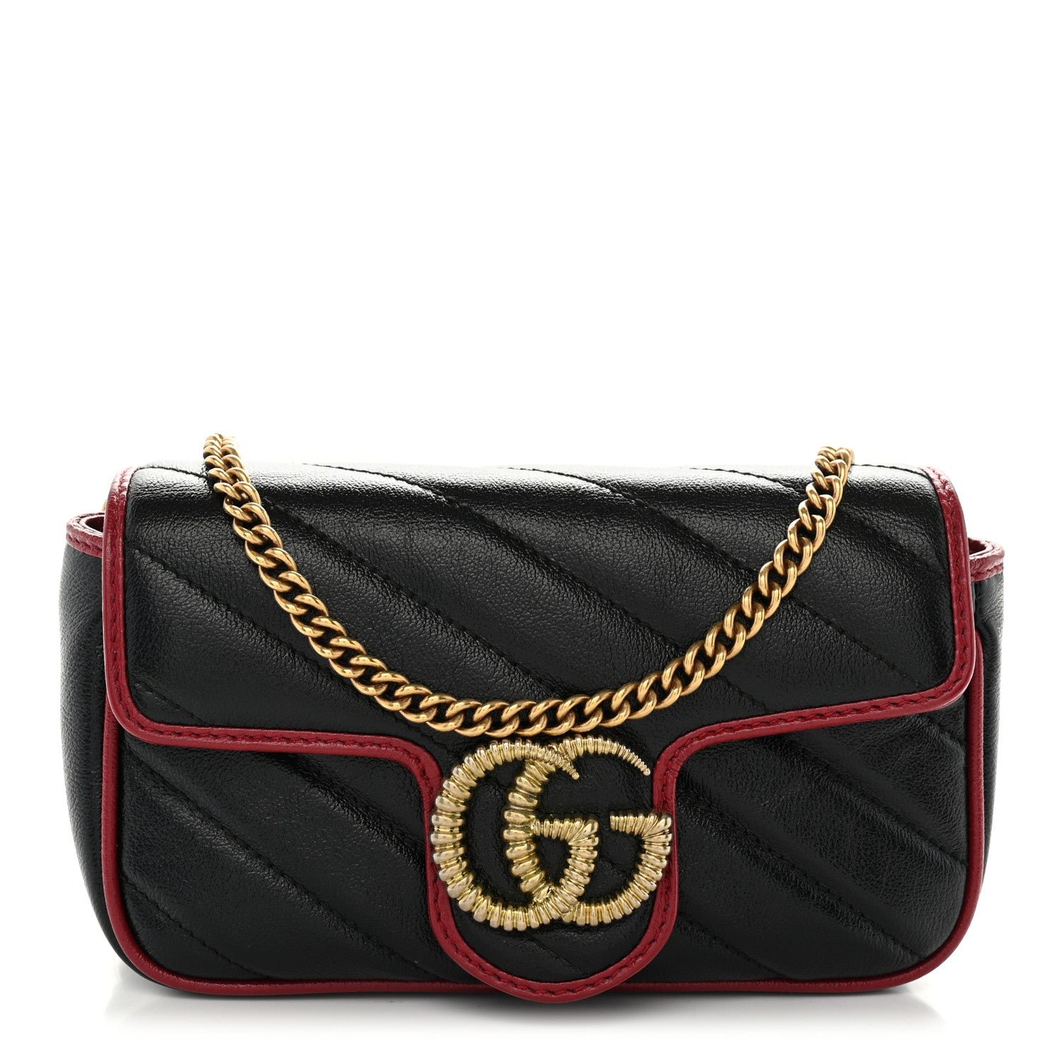 Gucci Vintage Effect Calfskin Matelasse Diagonal Super Mini Torchon GG Marmont Shoulder Bag Black Romantic Cherry