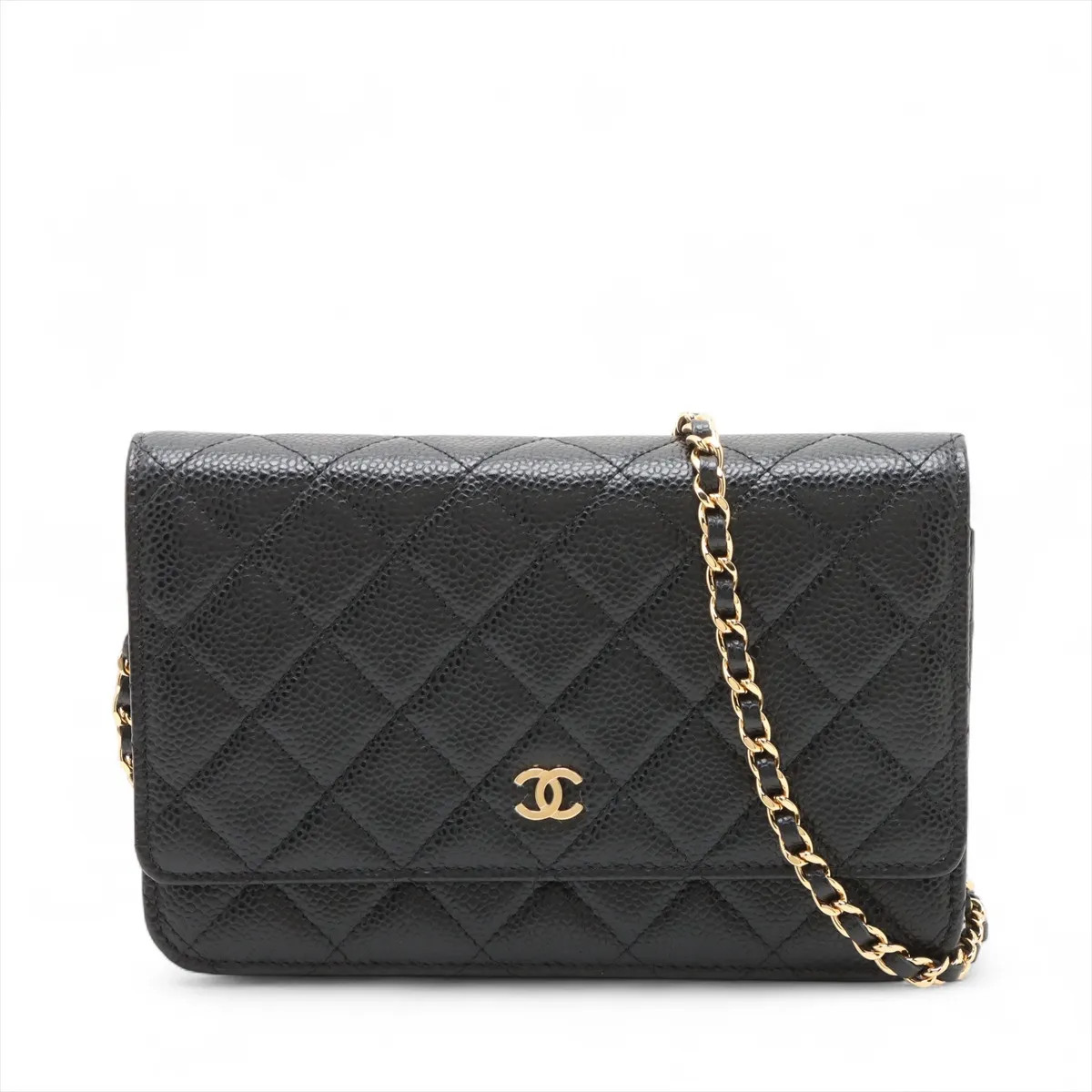 Chanel Matelasse Caviar Skin Chain Wallet Black Gold Metal Fittings random plate