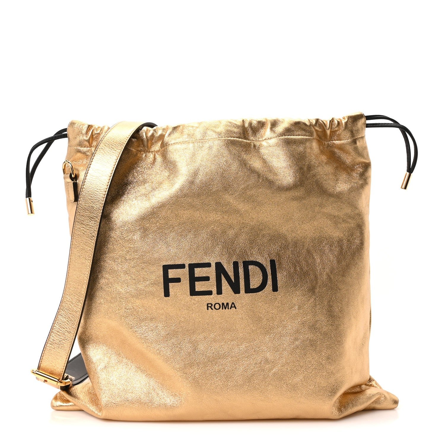 Fendi Laminated Calfskin Medium Drawstring Pouch Bag Oro Black