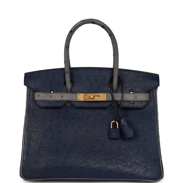 Hermes Special Order (HSS) Birkin 30 Bleu Iris, Gris Agate Ostrich Brushed Gold Hardware