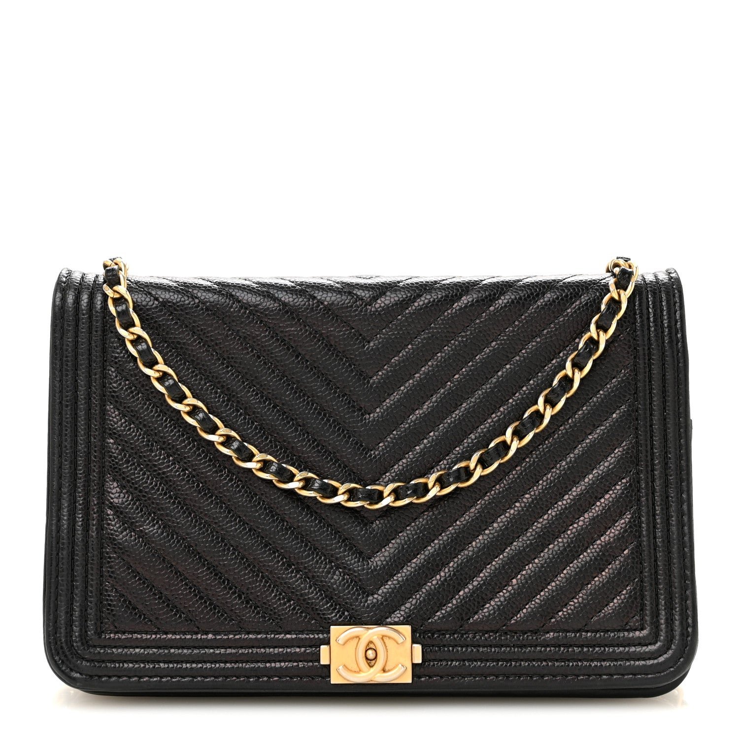 Chanel Caviar Chevron Quilted Boy Wallet On Chain WOC Black