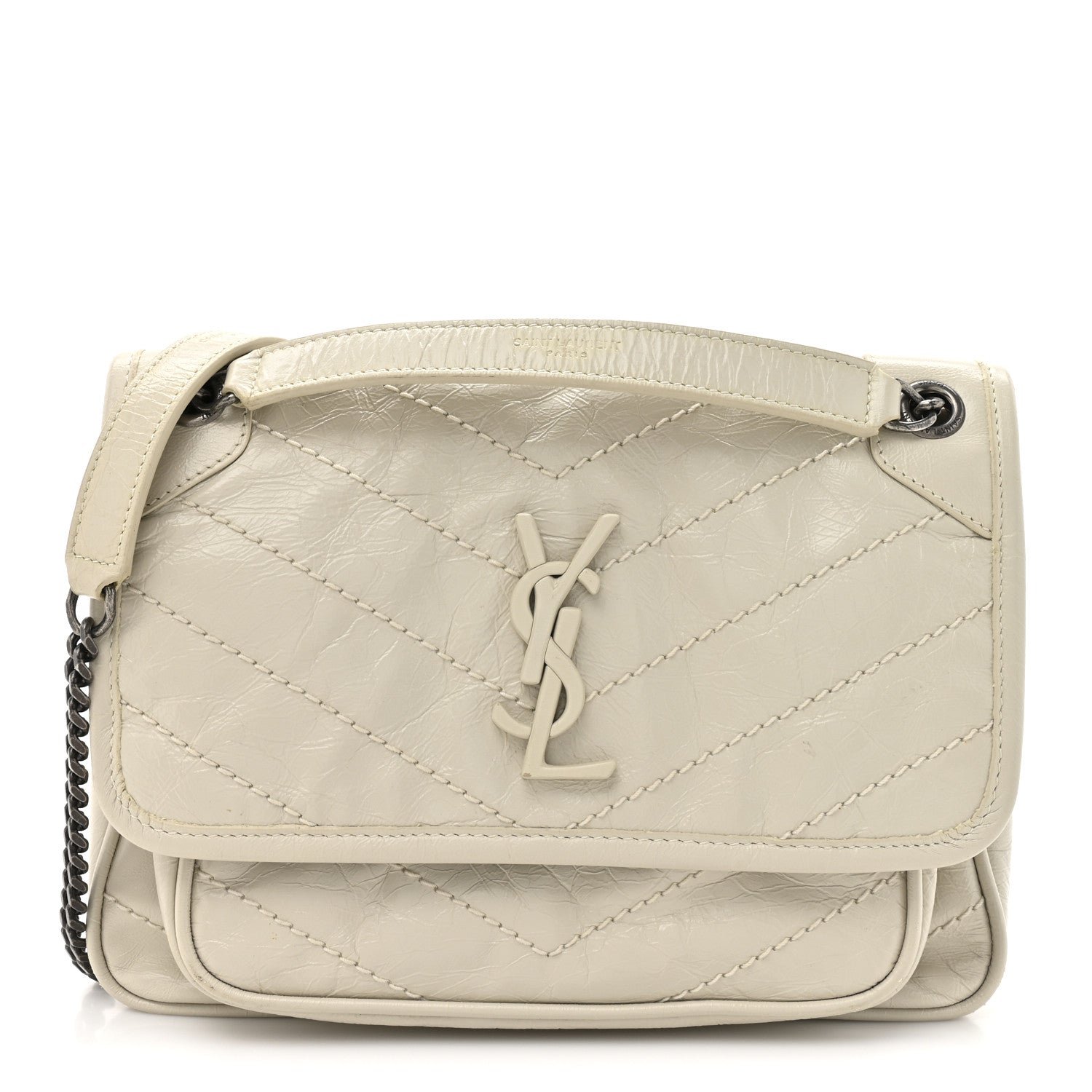 Saint Laurent Crinkled Calfskin Matelasse Monogram Baby Niki Chain Satchel Blanc Vintage