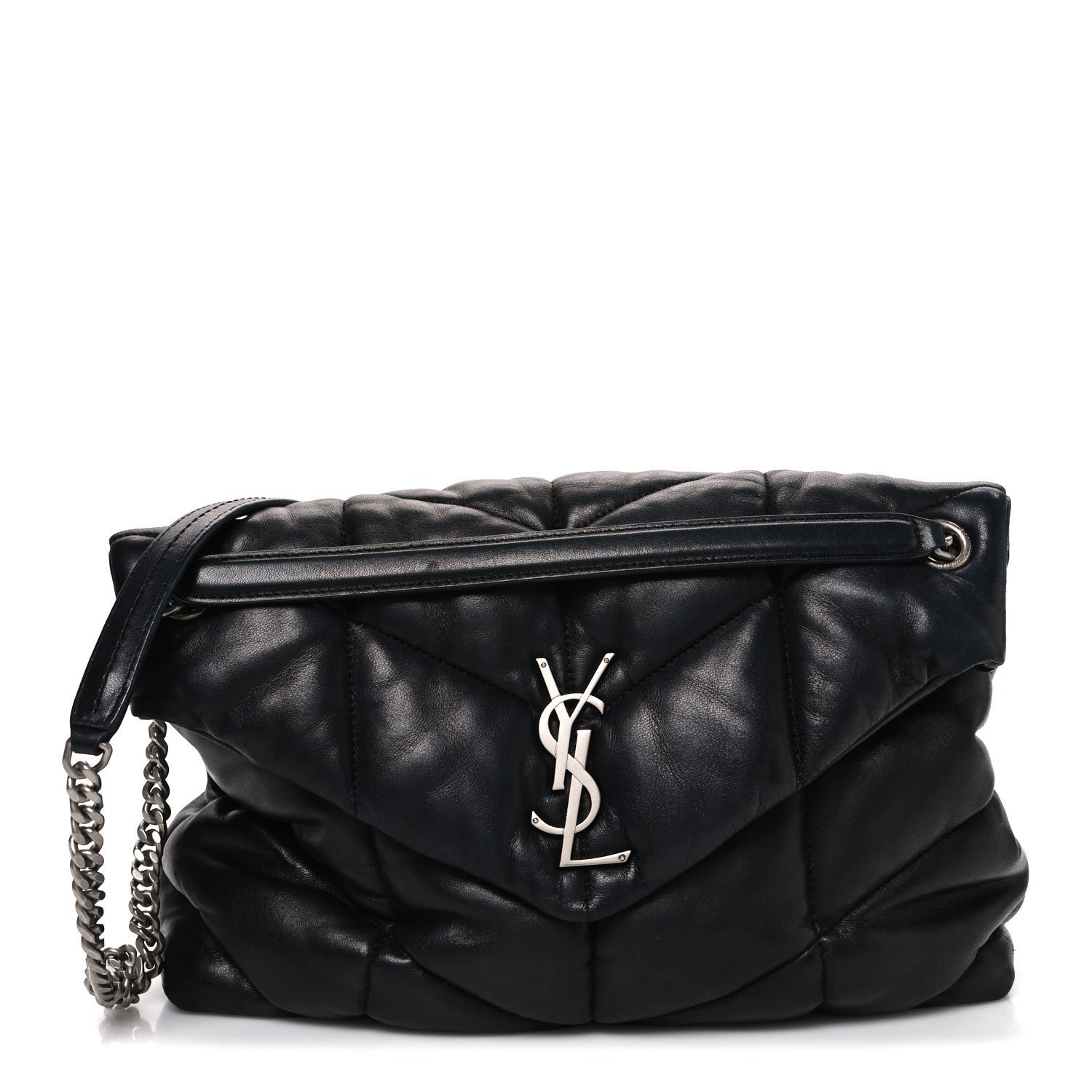 Saint Laurent Lambskin Quilted Medium Loulou Puffer Monogram Chain Satchel Black