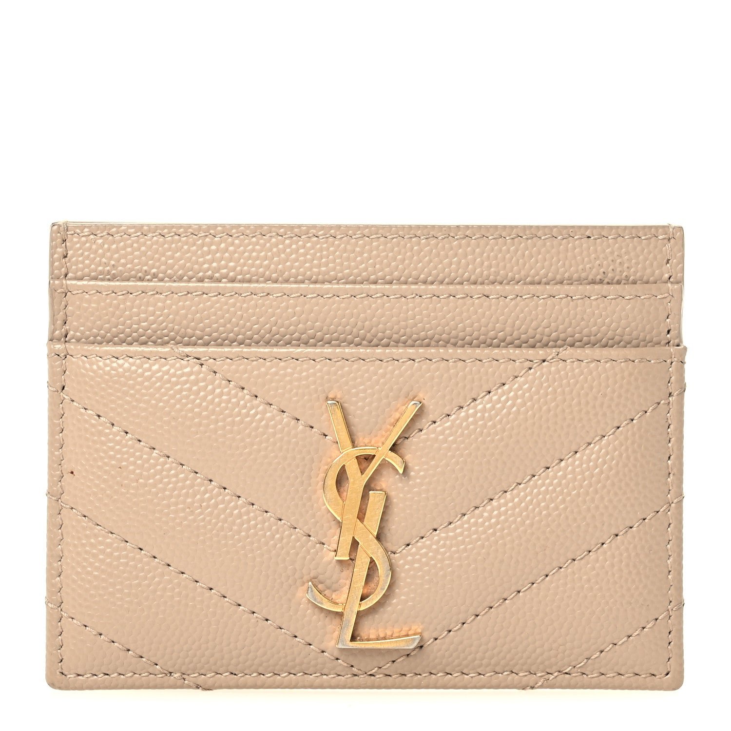 Saint Laurent Grain De Poudre Matelasse Chevron Monogram Credit Card Case Dark Beige