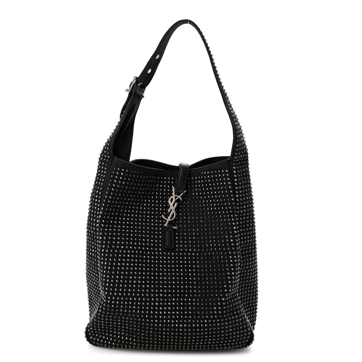 Saint Laurent Cotton Studded Le 5 A 7 Soft Hobo Black