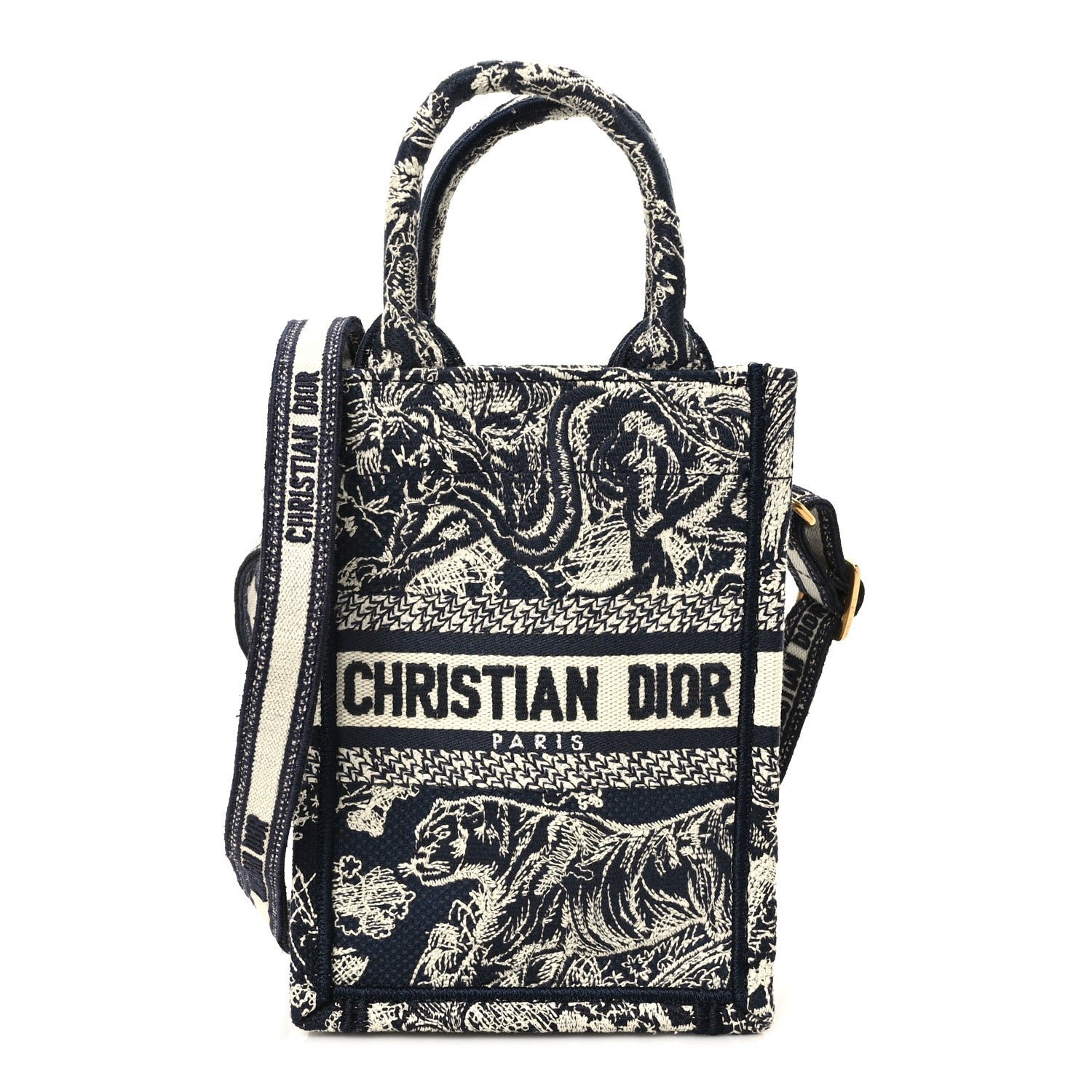 Christian Dior Canvas Toile de Jouy Reverse Embroidered Mini Book Tote Phone Bag Blue