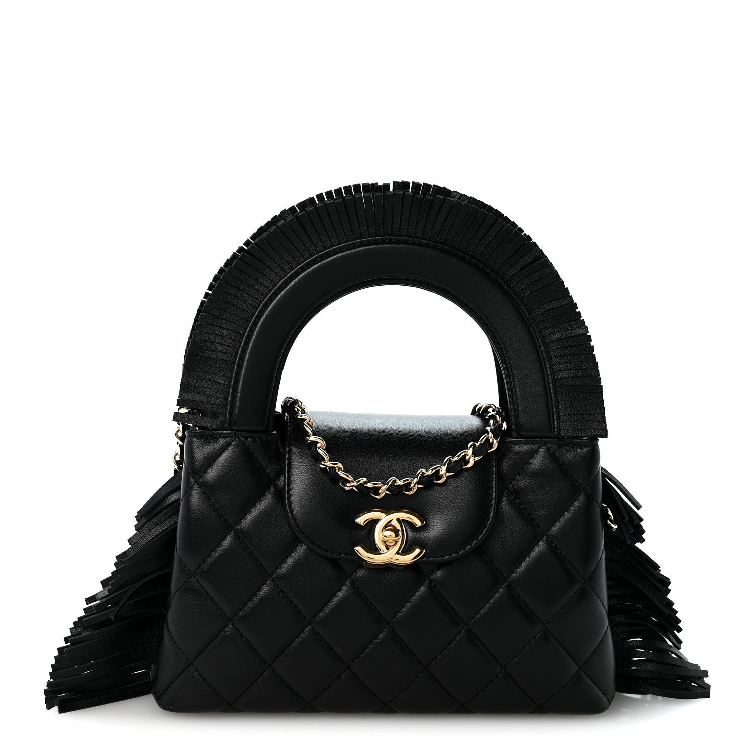 Chanel Lambskin Fringe Nano Kelly Shopper Black