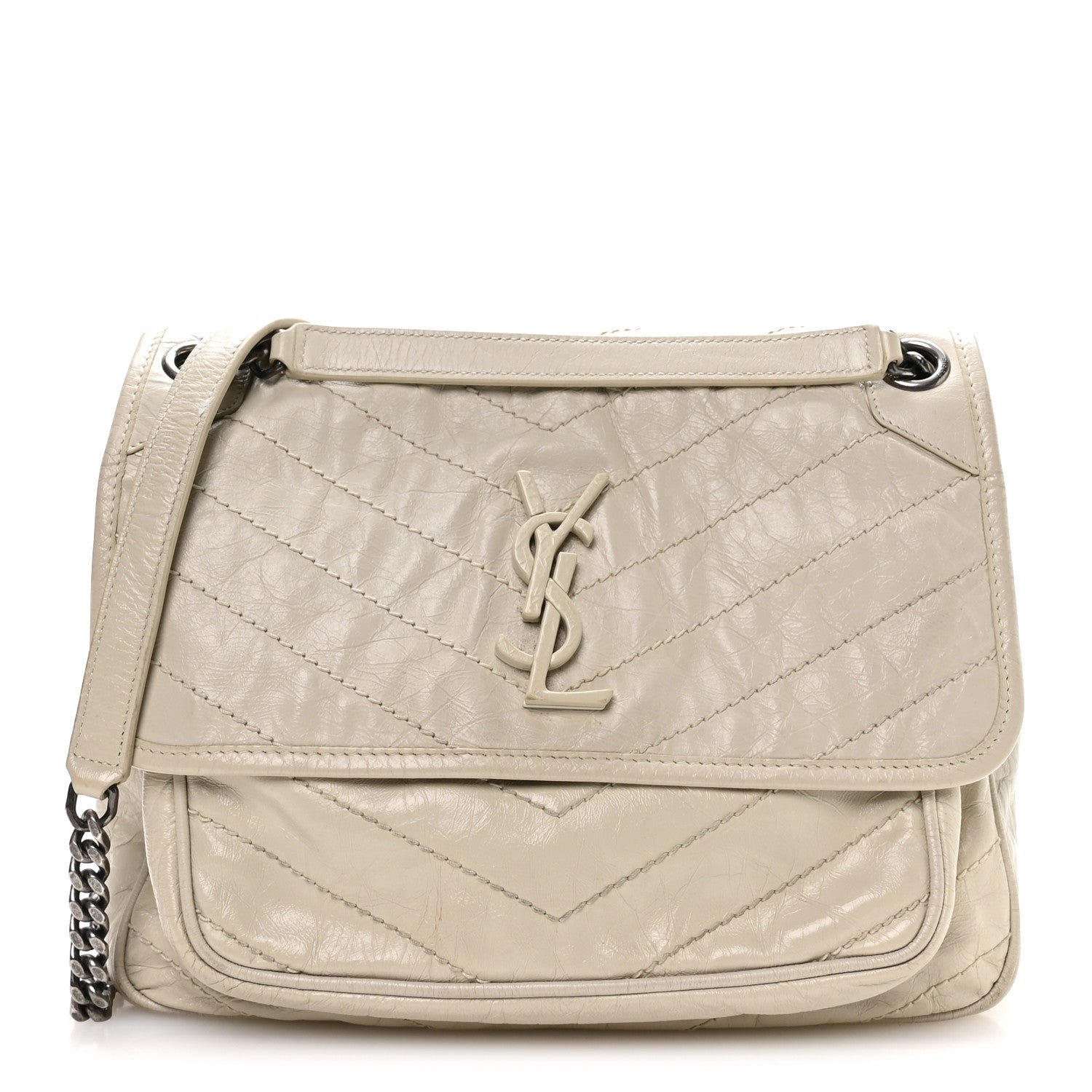Saint Laurent Crinkled Calfskin Matelasse Monogram Medium Niki Chain Satchel Crema Soft