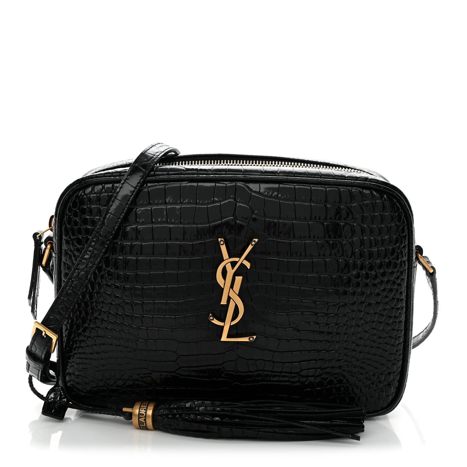 Saint Laurent Patent Calfskin Crocodile Embossed Monogram Lou Camera Bag Black