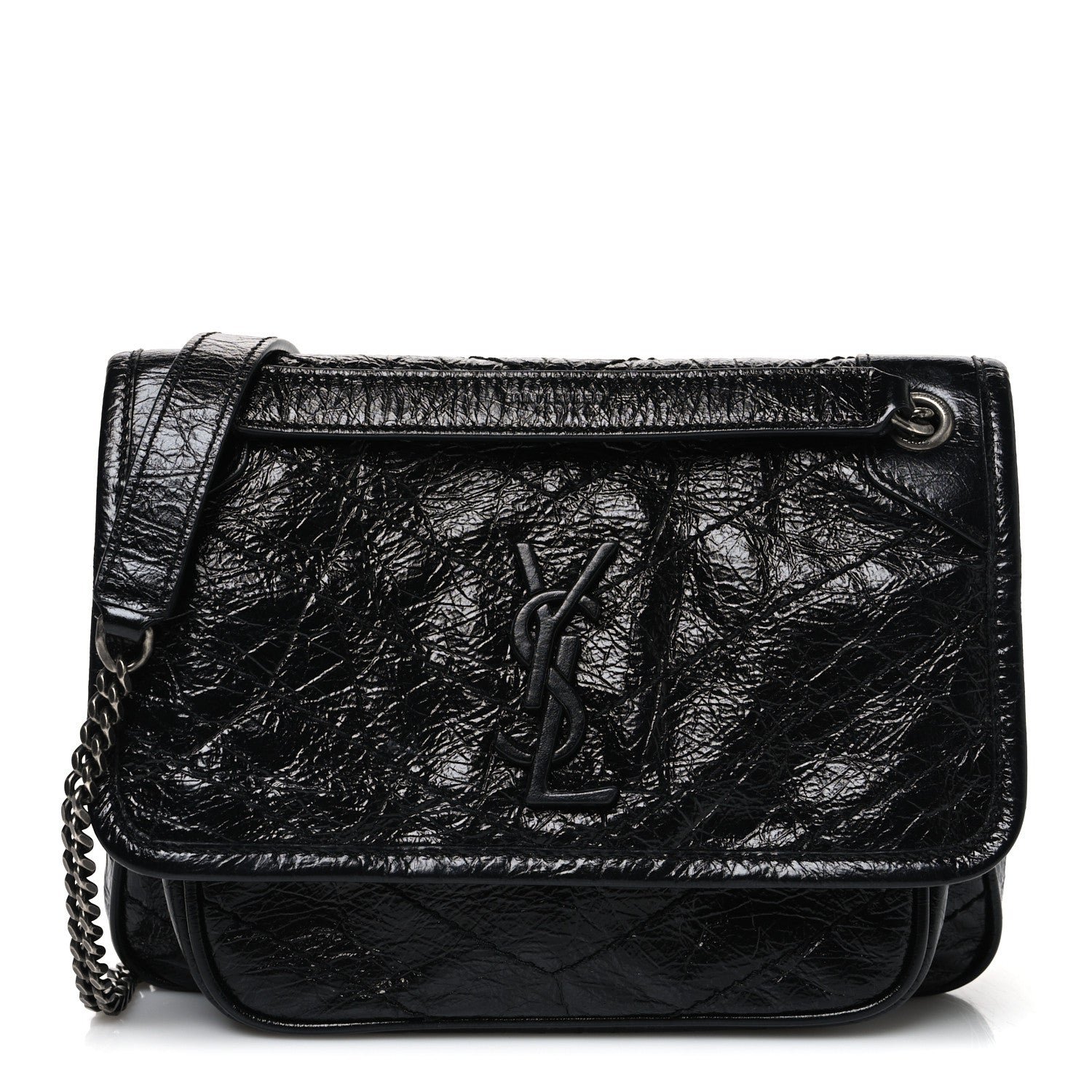Saint Laurent Crinkled Calfskin Matelasse Monogram Baby Niki Chain Satchel Black