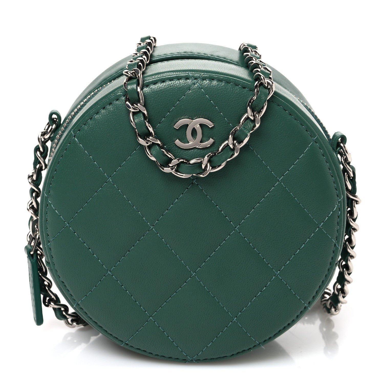 Chanel Lambskin Quilted Round Clutch With Chain Green