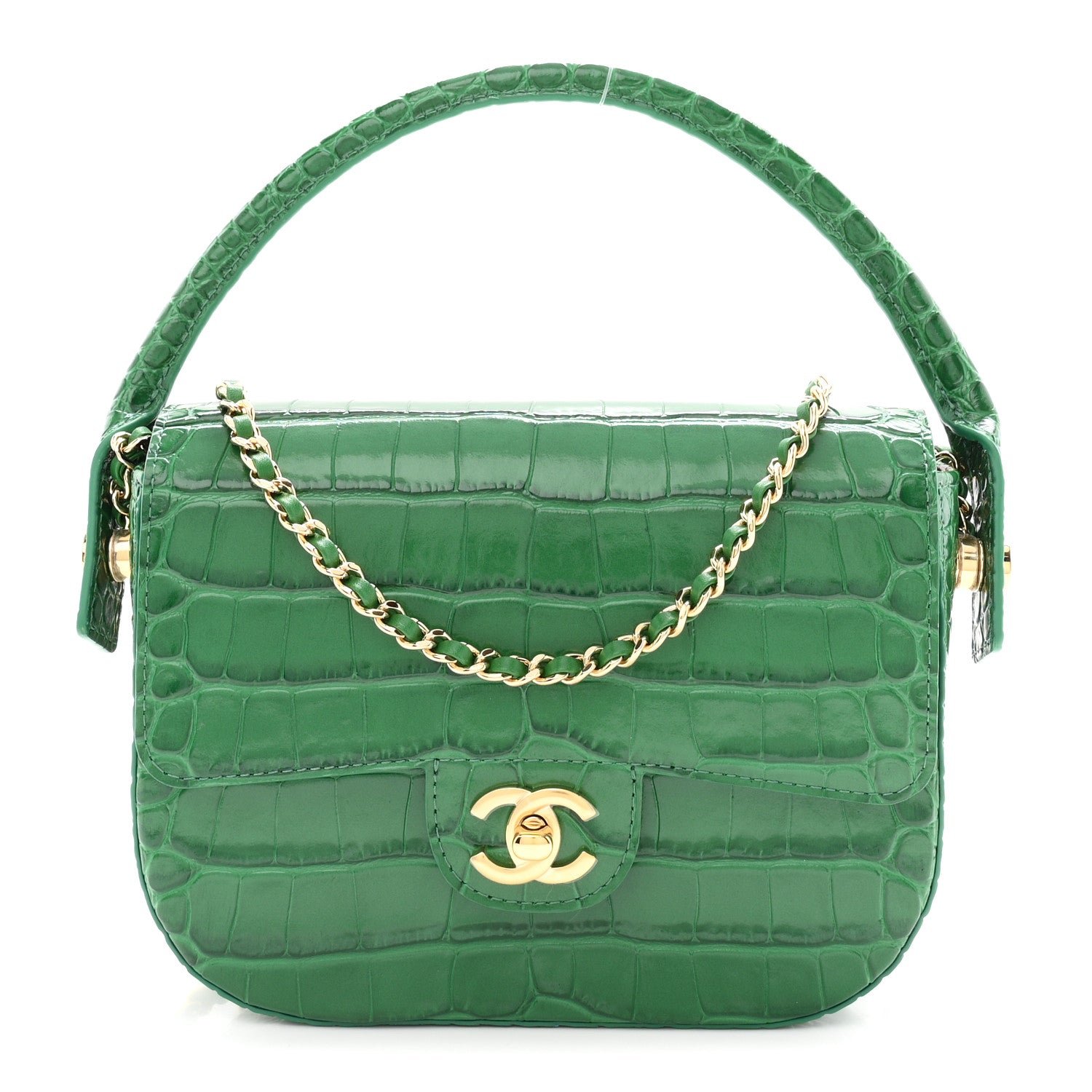 Chanel Calfskin Crocodile Embossed Turn Around Mini Flap Emerald