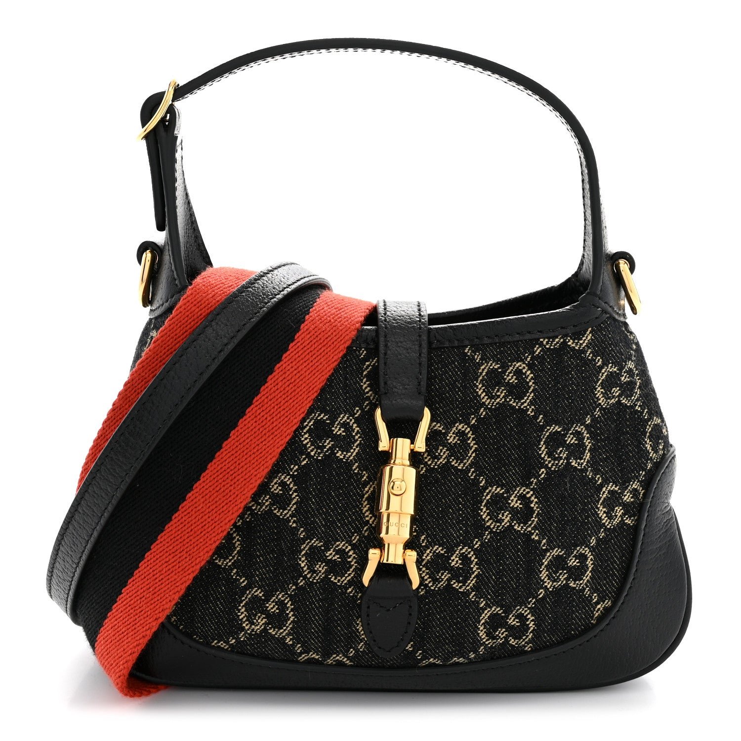 Gucci Jacquard Black Denim GG Monogram Textured Dollar Calfskin Mini Jackie 1961 Hobo Black Ivory