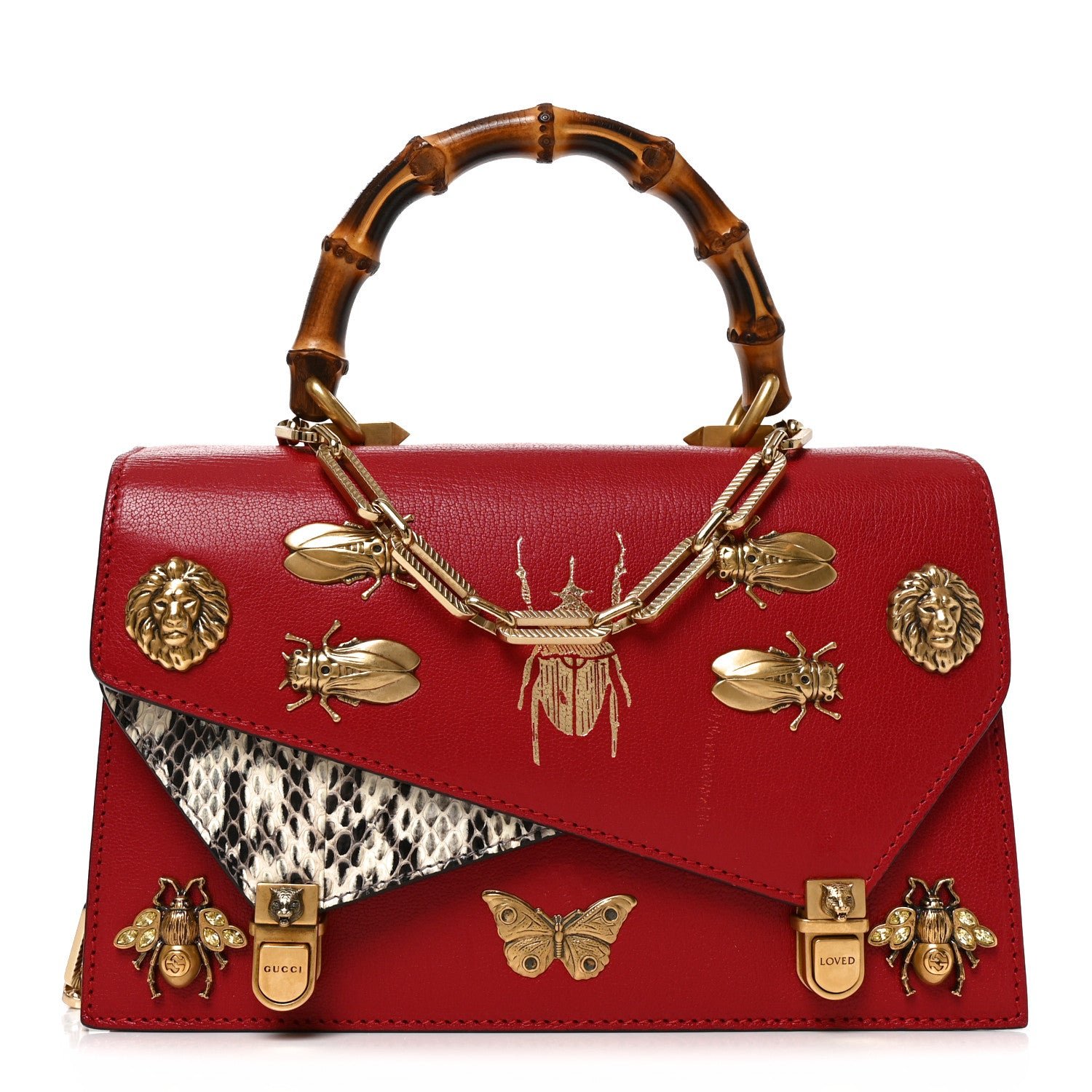 Gucci Calfskin Snakeskin Studded Small Ottilia Top Handle Bag Hibiscus Red