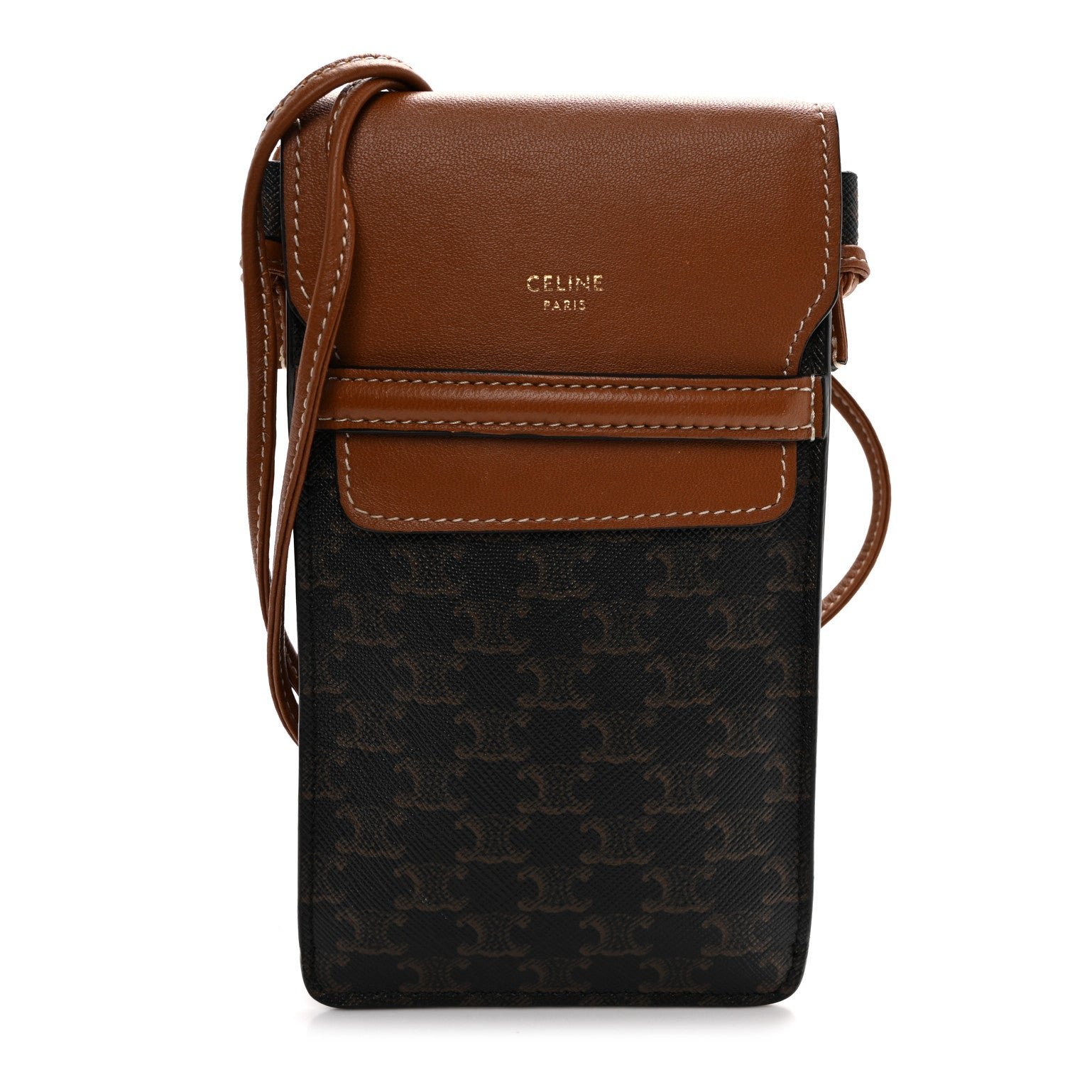 Celine Triomphe Canvas Lambskin Phone Pouch With Flap Tan