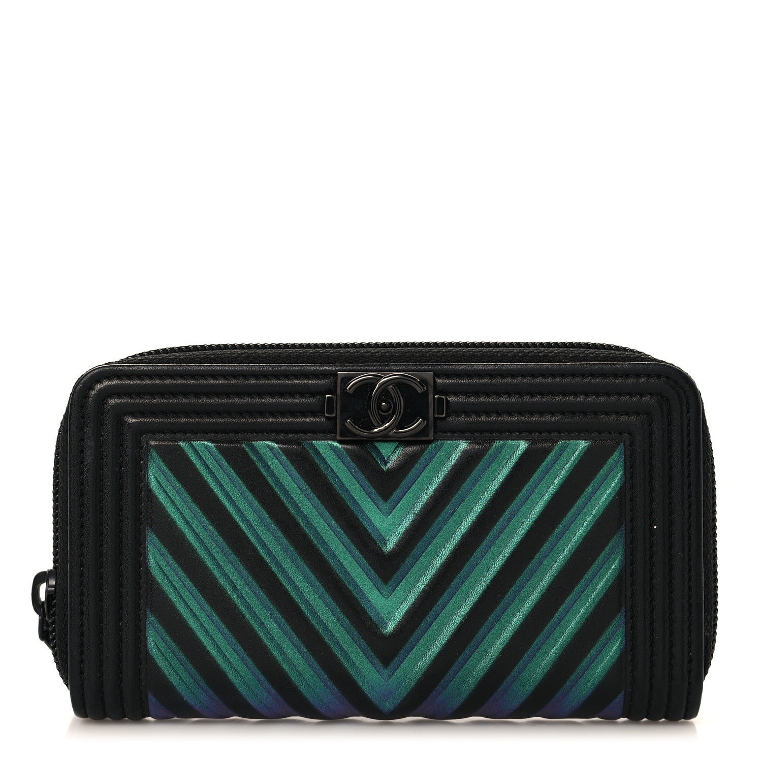 Chanel Calfskin Painted Chevron Embossed Small Boy Zip Wallet Black
