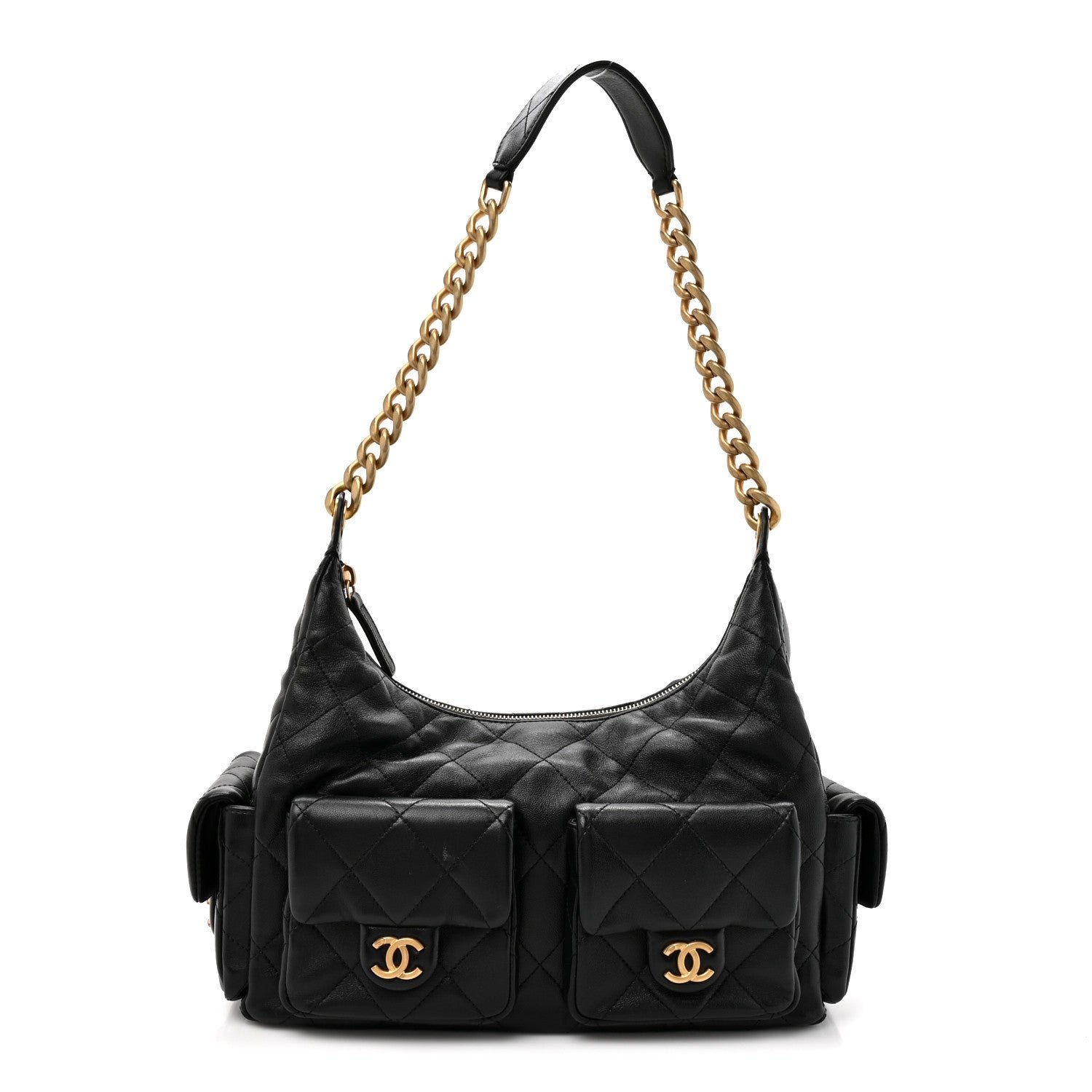 Chanel Shiny Lambskin Quilted Trendy Pockets Hobo Black Black