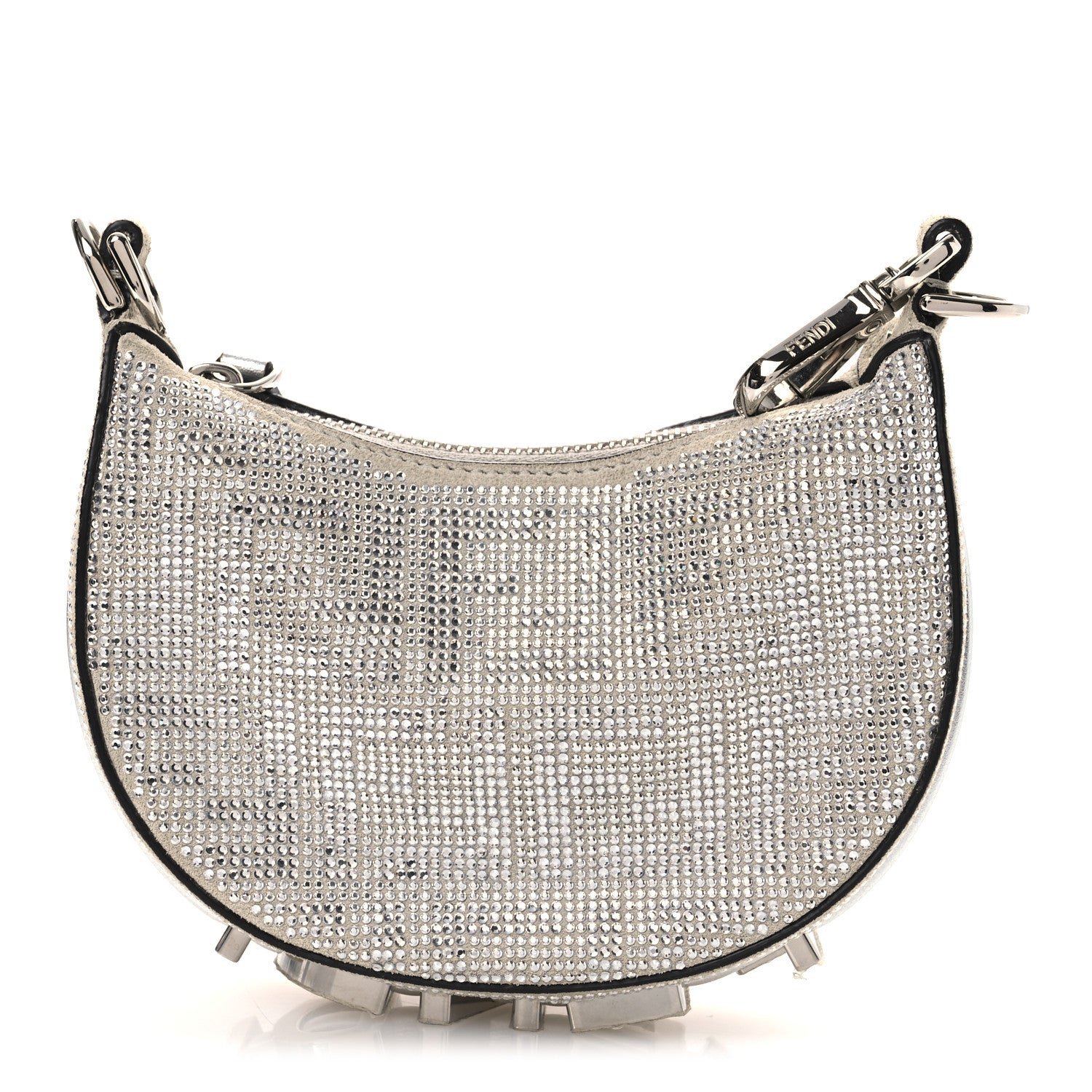 Fendi Crystal Vitello Laminato Suede FF Nano Fendigraphy Hobo Charm Grey