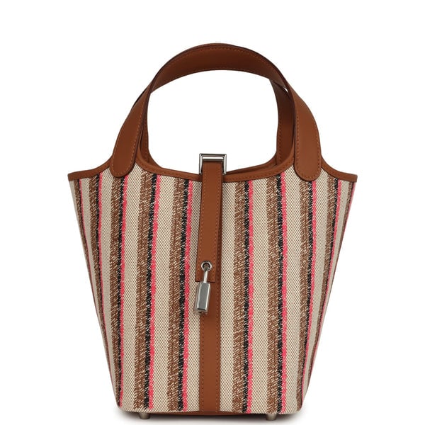 Hermes Hermes Stripe Picotin Lock 18 Gold Swift and Ecru-Beige, Rose Pop, Black and Fauve Toile H Canvas Palladium Hardware