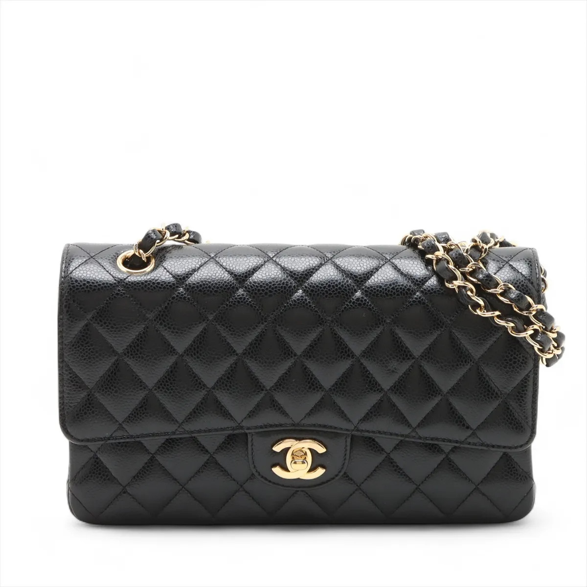 Chanel Matelasse 25 Caviar Skin Double Flap Double Chain Bag Black Gold Metal Fi