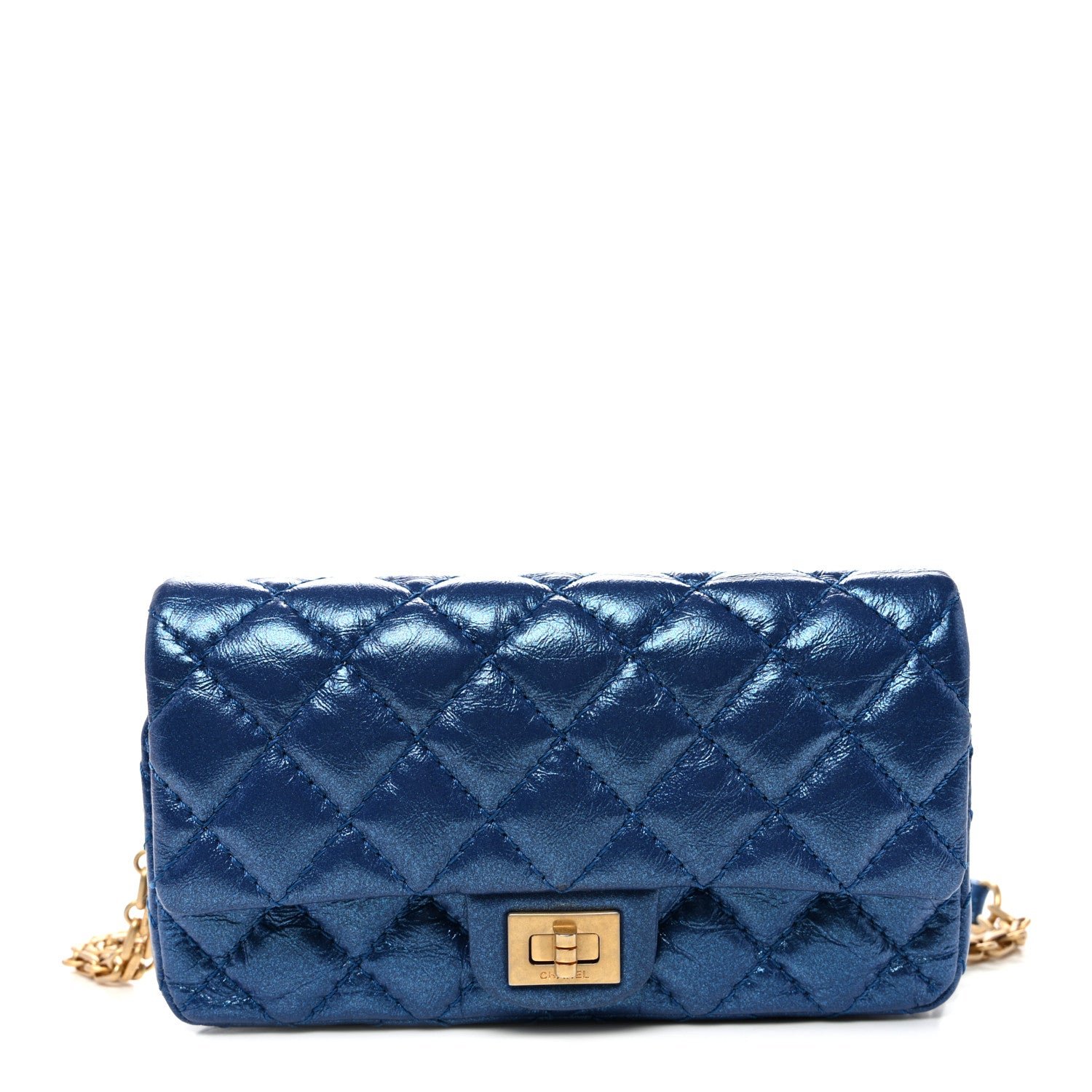 Chanel Metallic Aged Calfskin Quilted 2.55 Reissue Flap Belt Bag Clutch Blue
