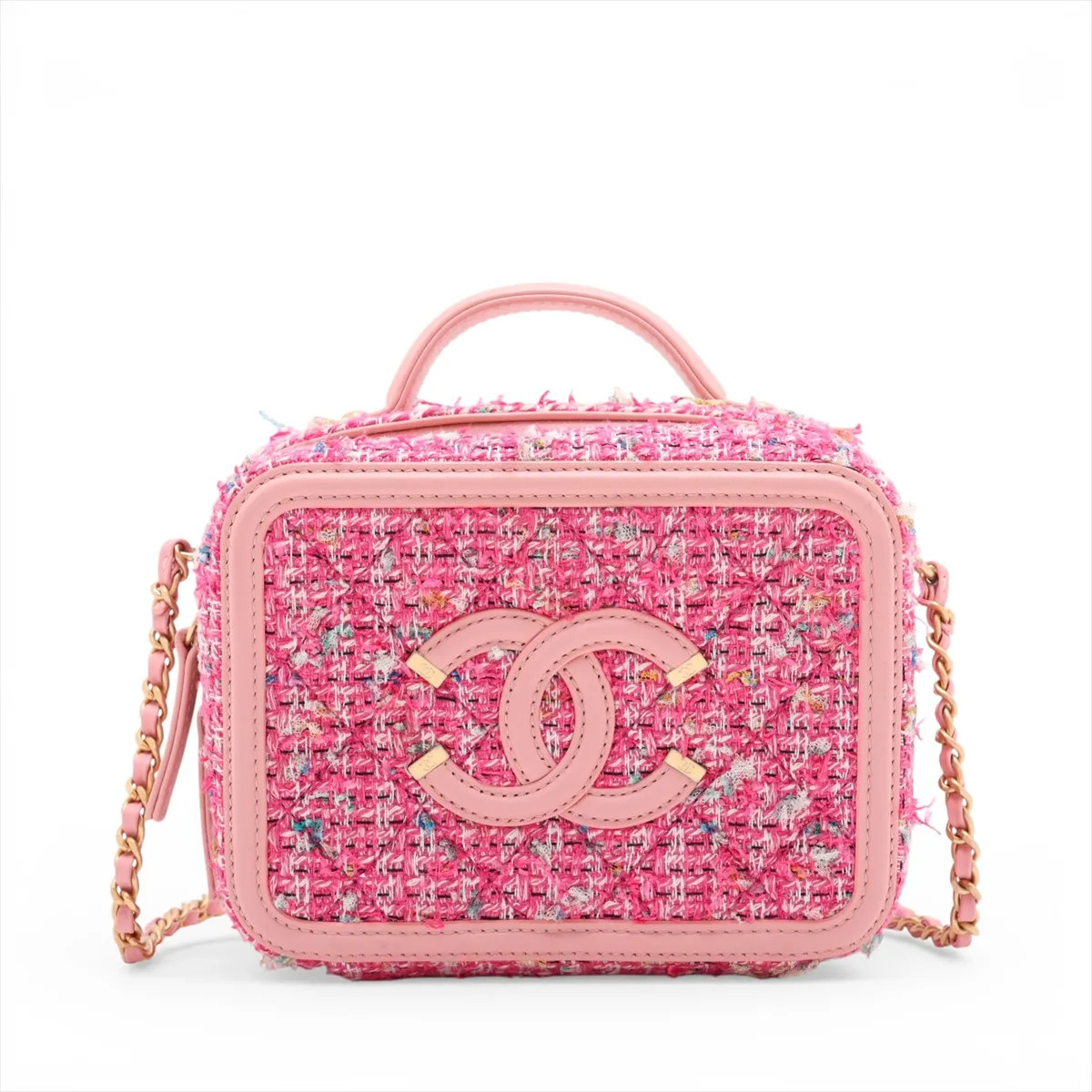 Chanel CC Filigree Tweed x Leather 2 Way Shoulder Bag Pink Gold Metal Fittings 2