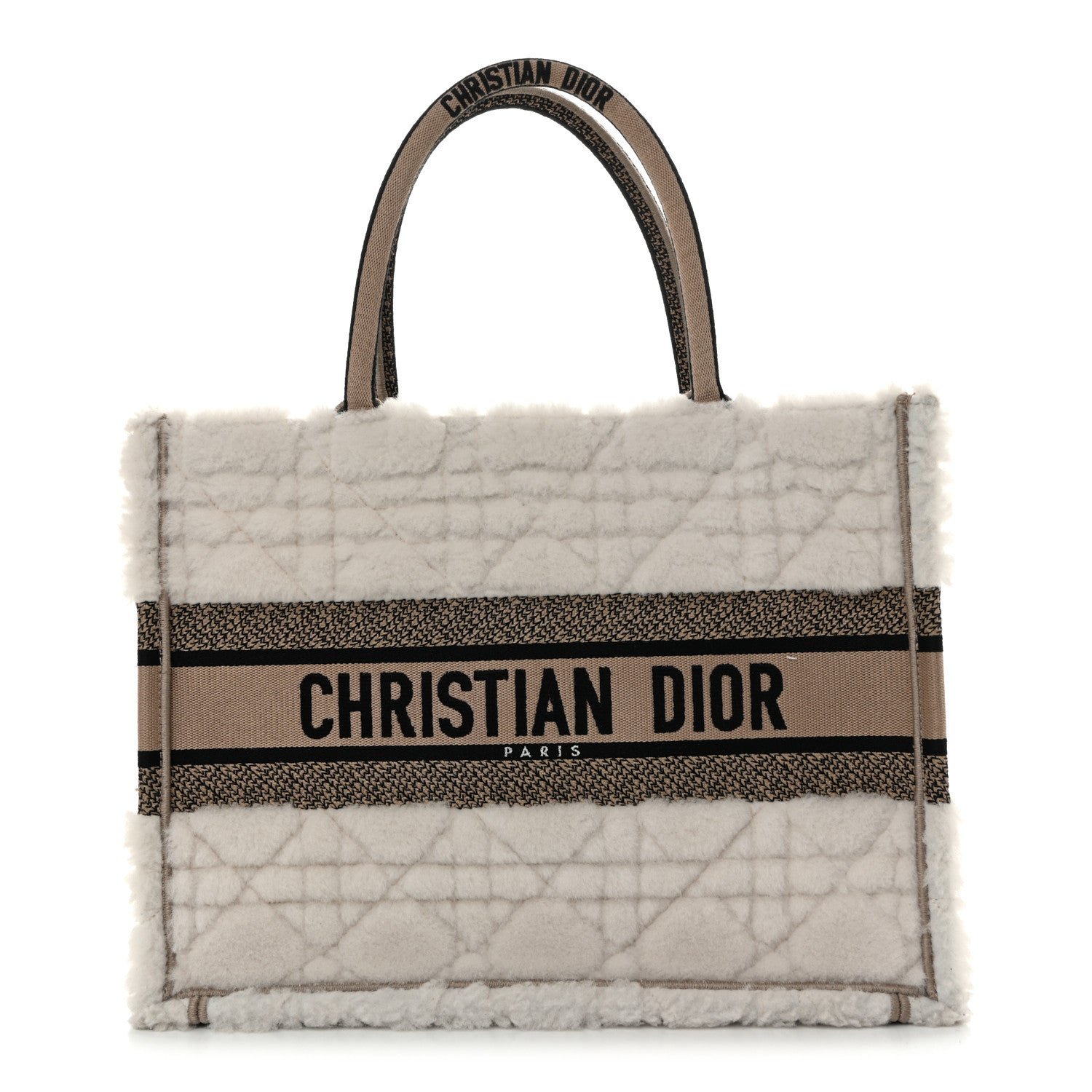 Dior Christian Dior Shearling Cannage Medium Book Tote Ecru Black