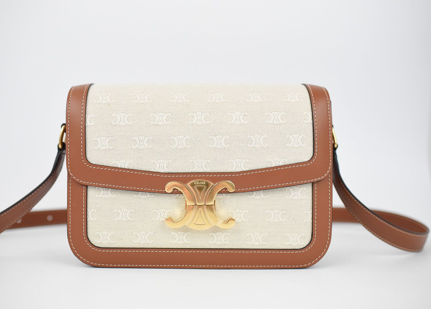 Celine Celine Triomphe Bag, Medium, Canvas and Tan Calfskin Trimmings with Gold Hardware, Like New in Dustbag GA001